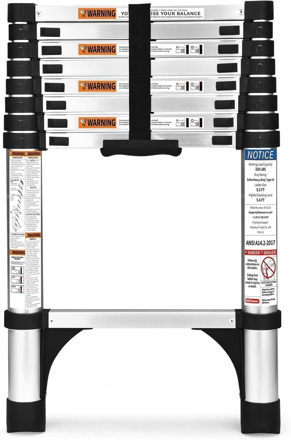 Telescoping Ladder, 12.5 FT Aluminum Lightweight Extension Ladder with 2 Triangle Stabilizers, Heavy Duty 330lbs Max Capacity, Collapsible Ladder with Hooks for RV or Outdoor Work
