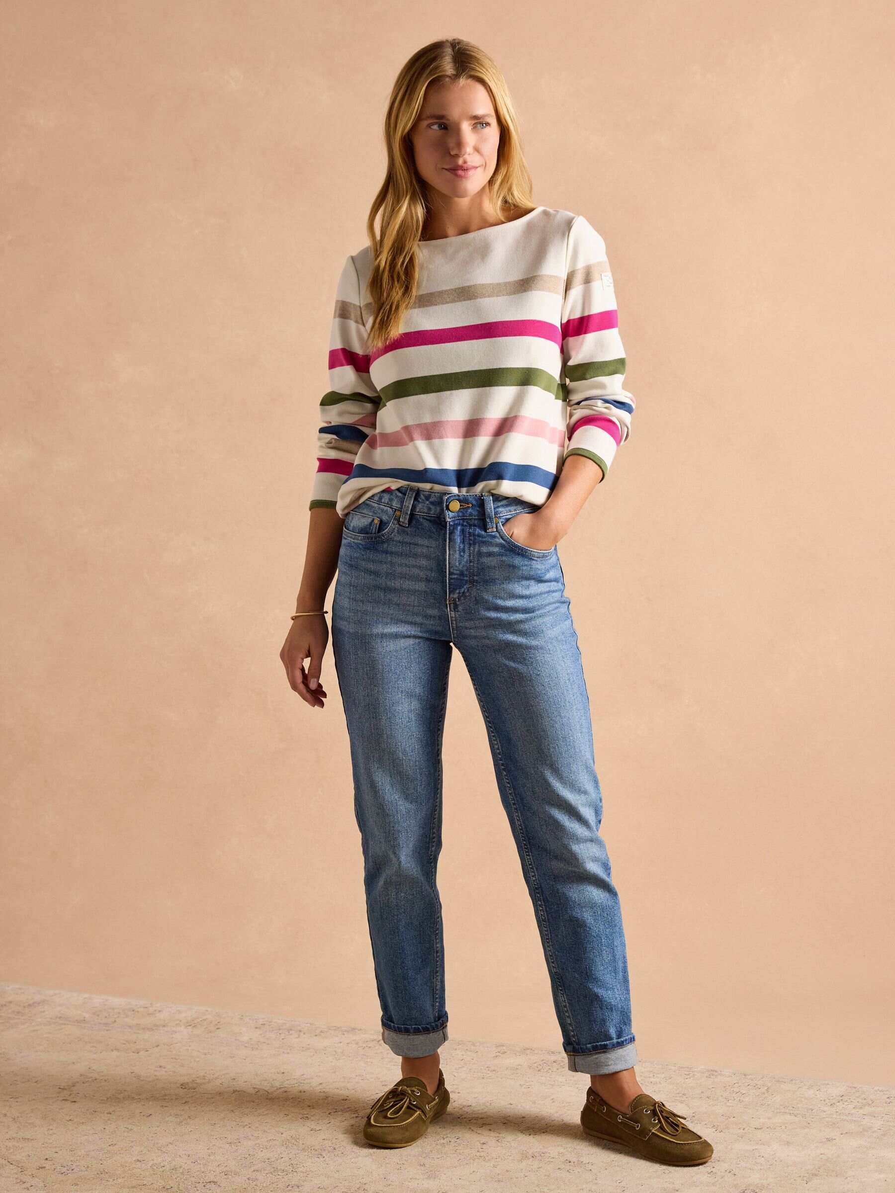 Harbour Cream Multi Boat Neck 100% Cotton Breton Top