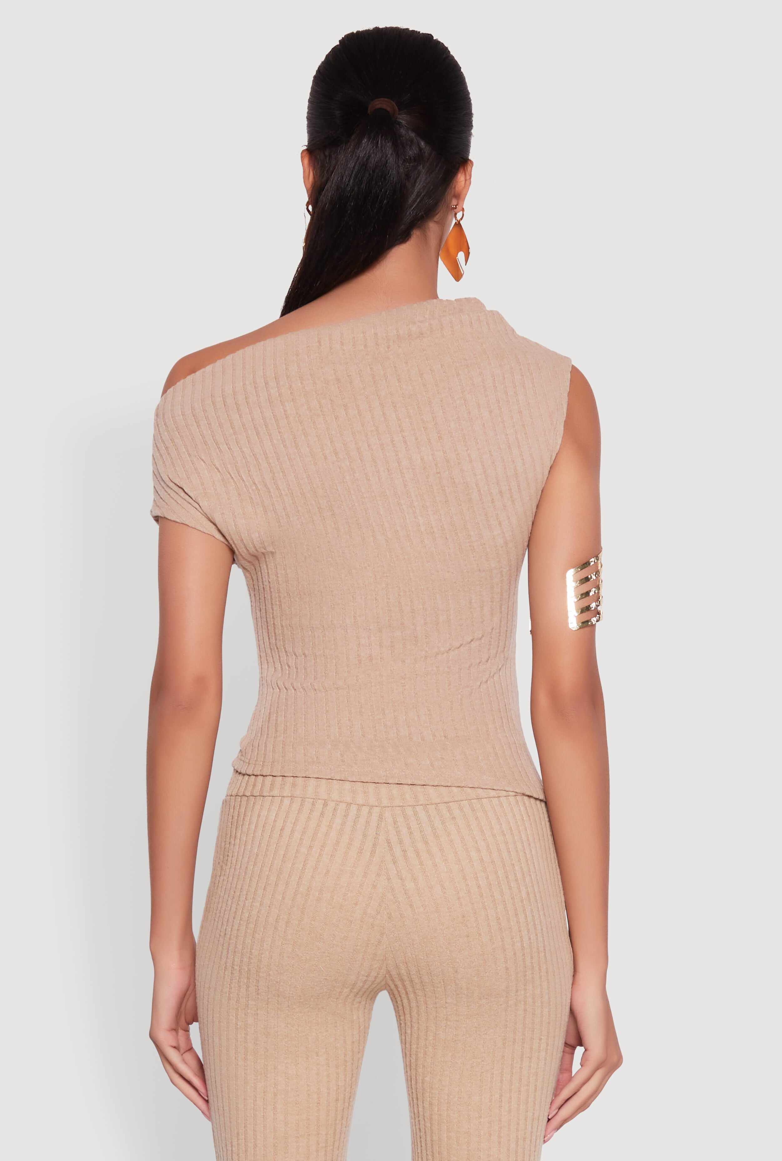 Ribbed Knit Solid One Shoulder Blouse