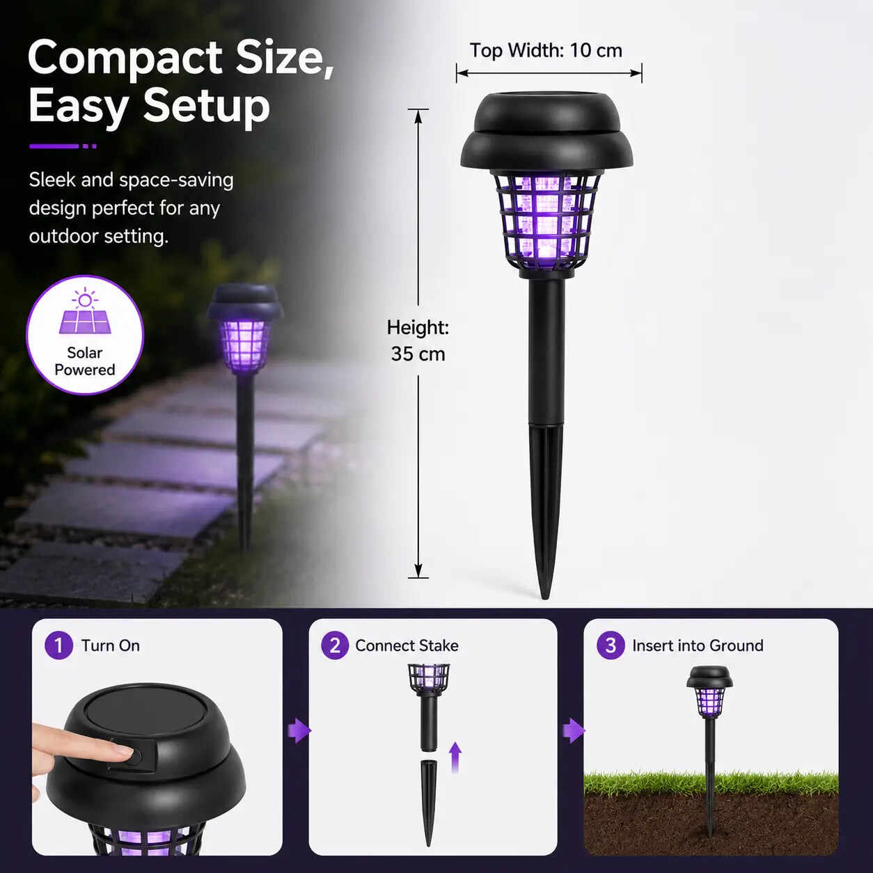 Solar Mosquito Zapper Light – Outdoor Garden Stake Lamp, UV Insect Killer, Solar Powered, Dual Mode (Mosquito Control + Pathway Lighting), Weather Resistant, Easy Setup, Small & Large Round + Square Options