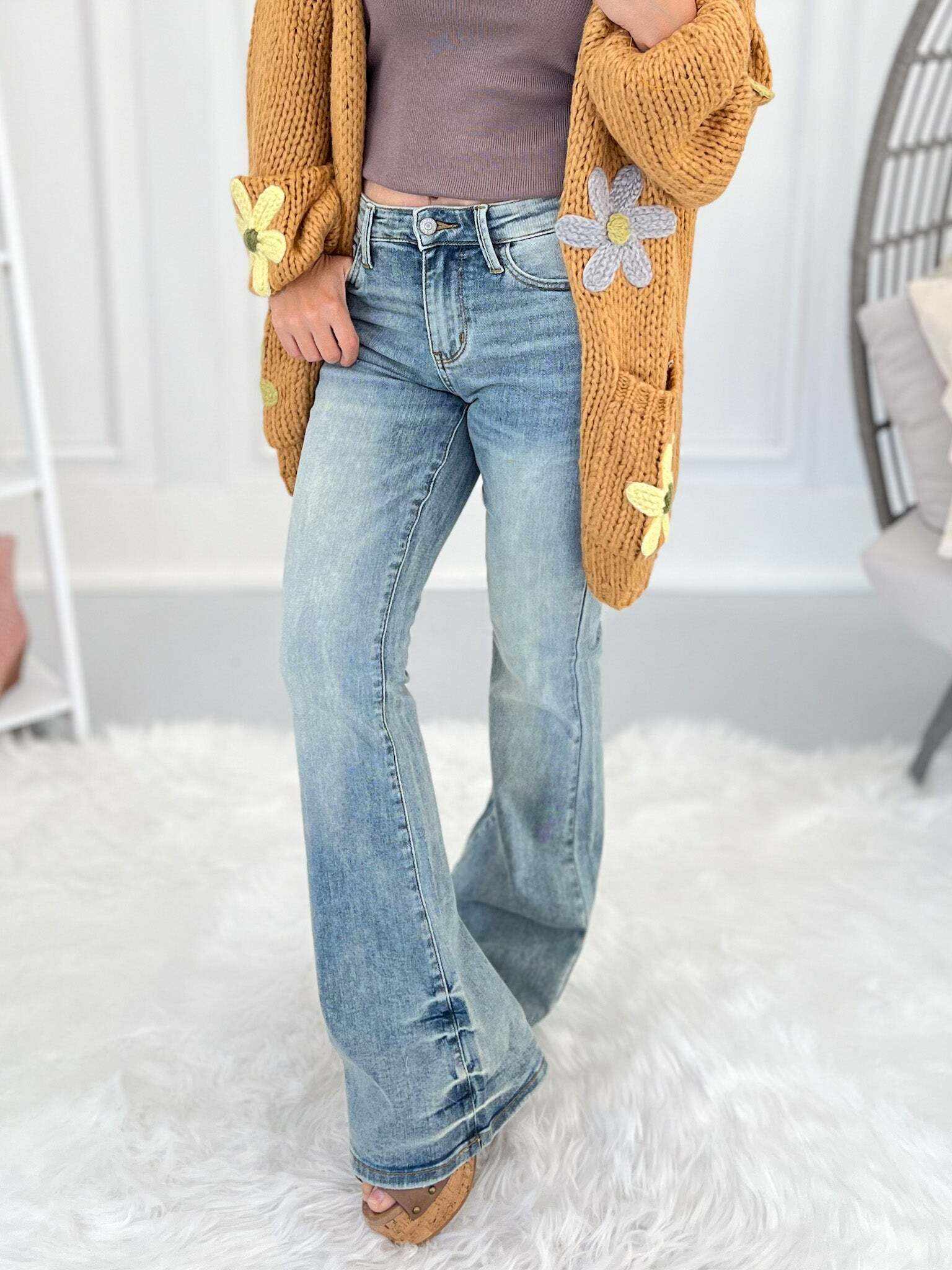 Just The Right Shade - Christmas Tinted Pin Tack Detail Flare Jeans- Final Sale