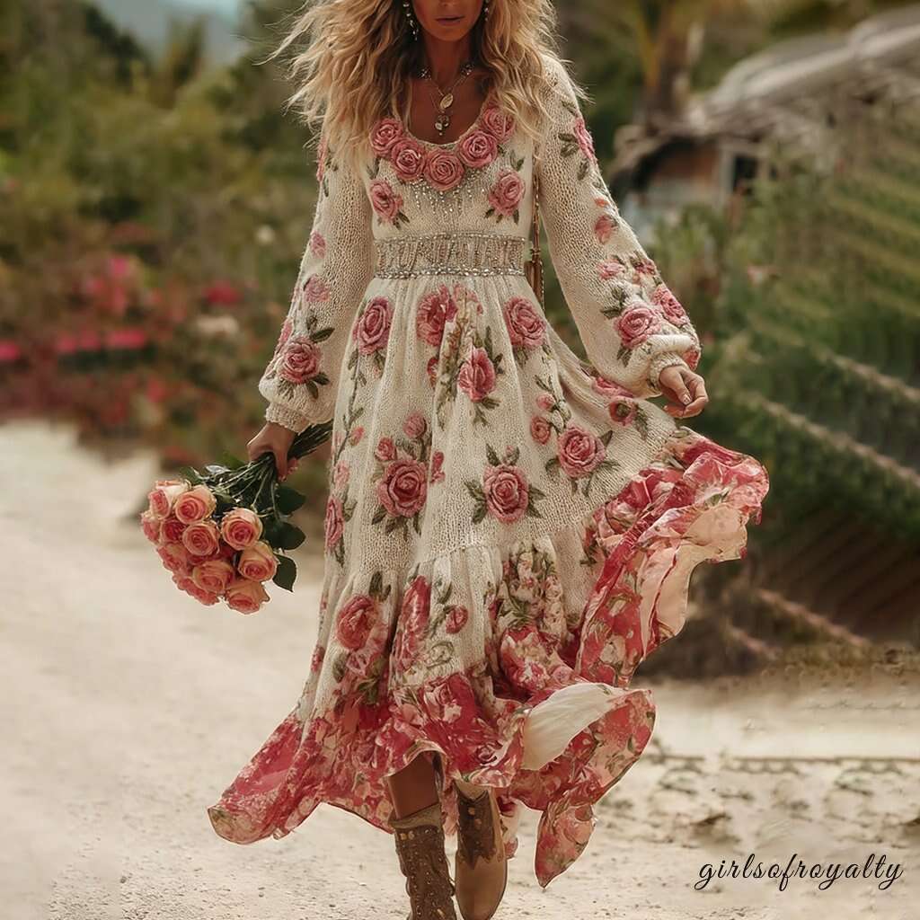 Women's Romantic Rose Embroidery Art Comfy Knitted Maxi Dress