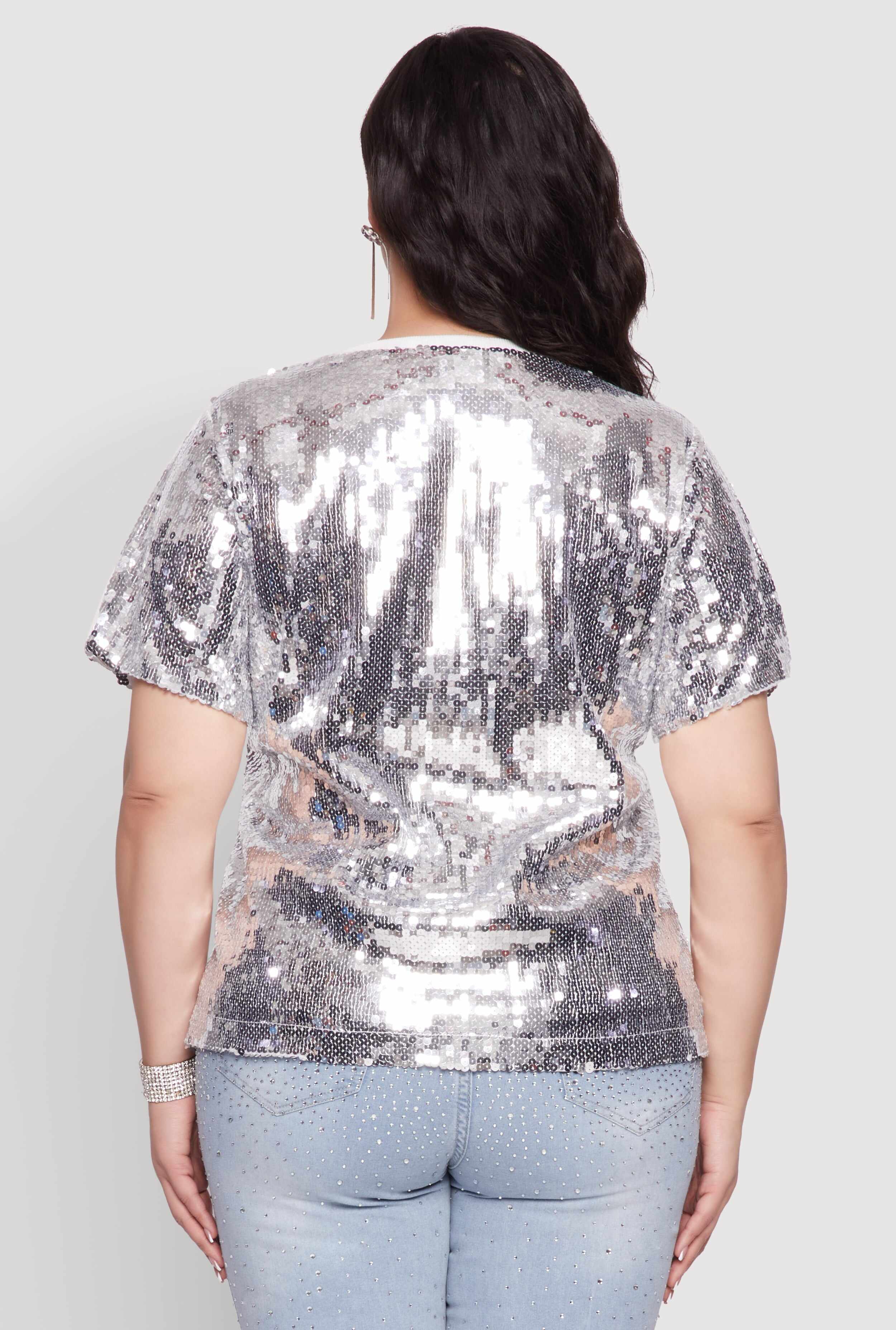 Plus Size Contrast Trim Sequin Birthday Graphic Top