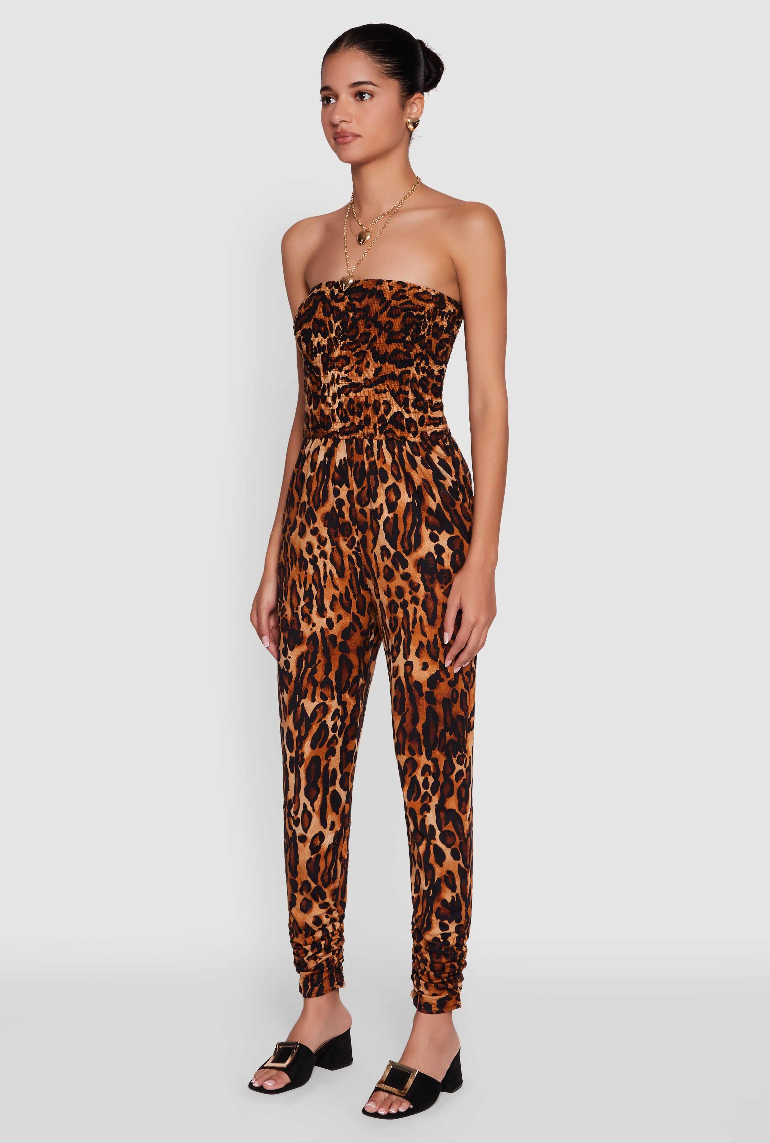Leopard Print Smocked Tube Jumpsuit