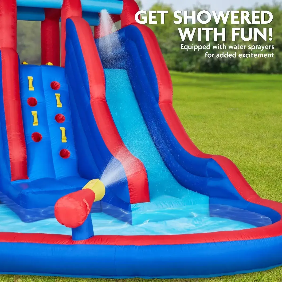 [Buy 2 Free Shipping]Inflatable Water Slide Park, Climbing Wall, 2 Slides & Splash Pool - Gestures