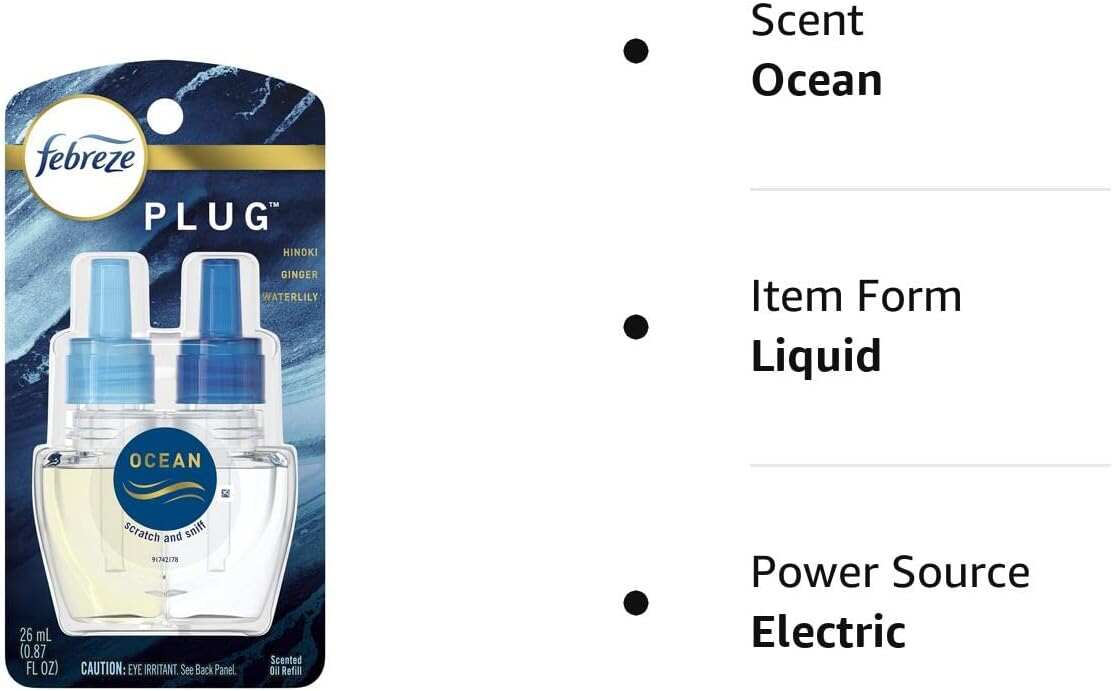 Febreze Odor-Fighting Fade Defy PLUG Air Freshener, Mountain, Ocean, Amber, (3) .87 fl. oz. Oil Refills