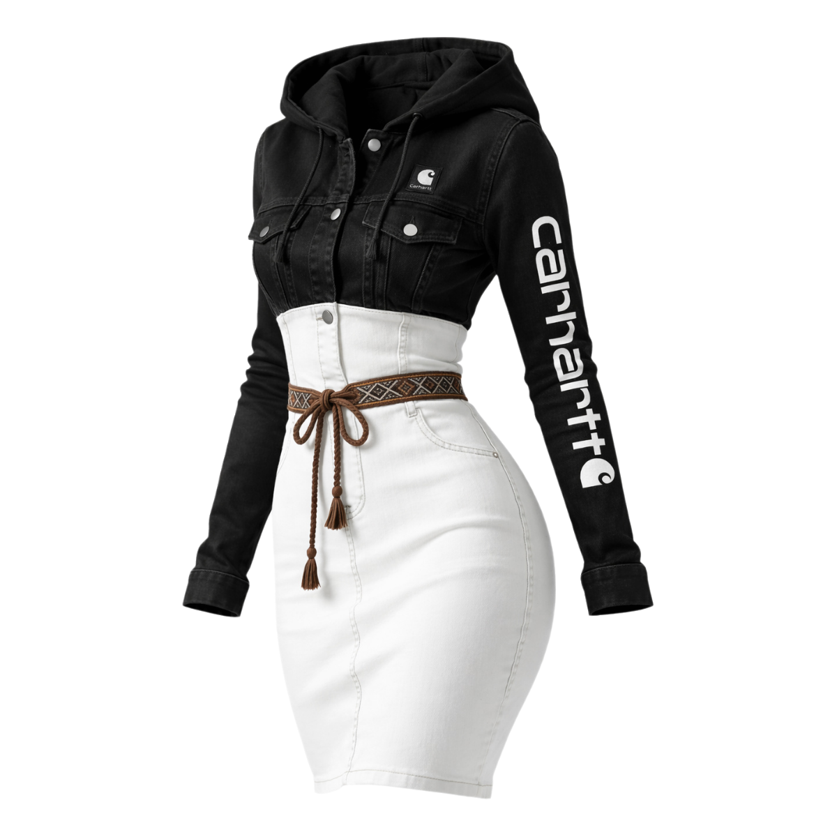 Hooded Denim and White Panel Dress with Belted Waist
