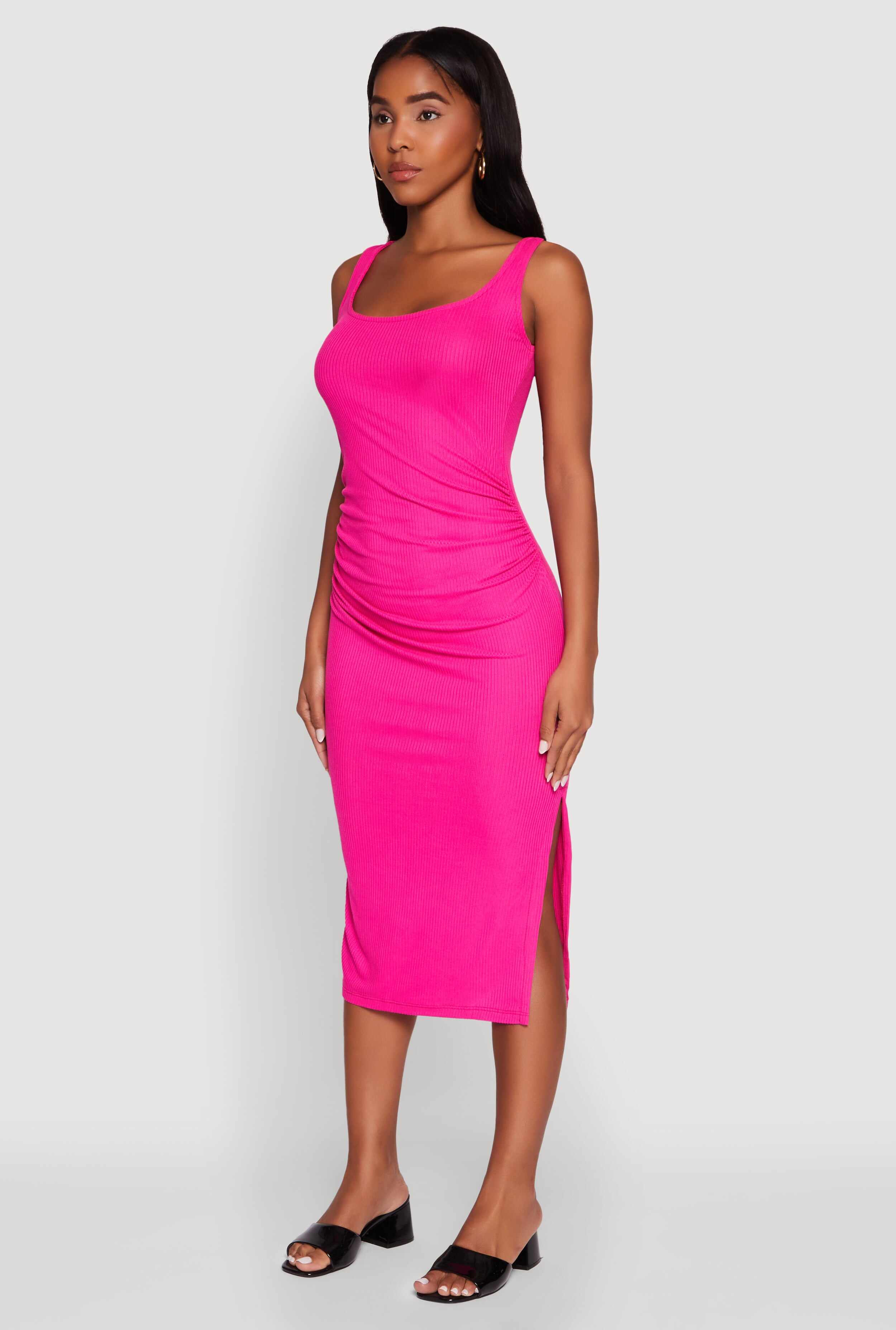 Rib Knit Side Slit Ruched Side Midi Dress