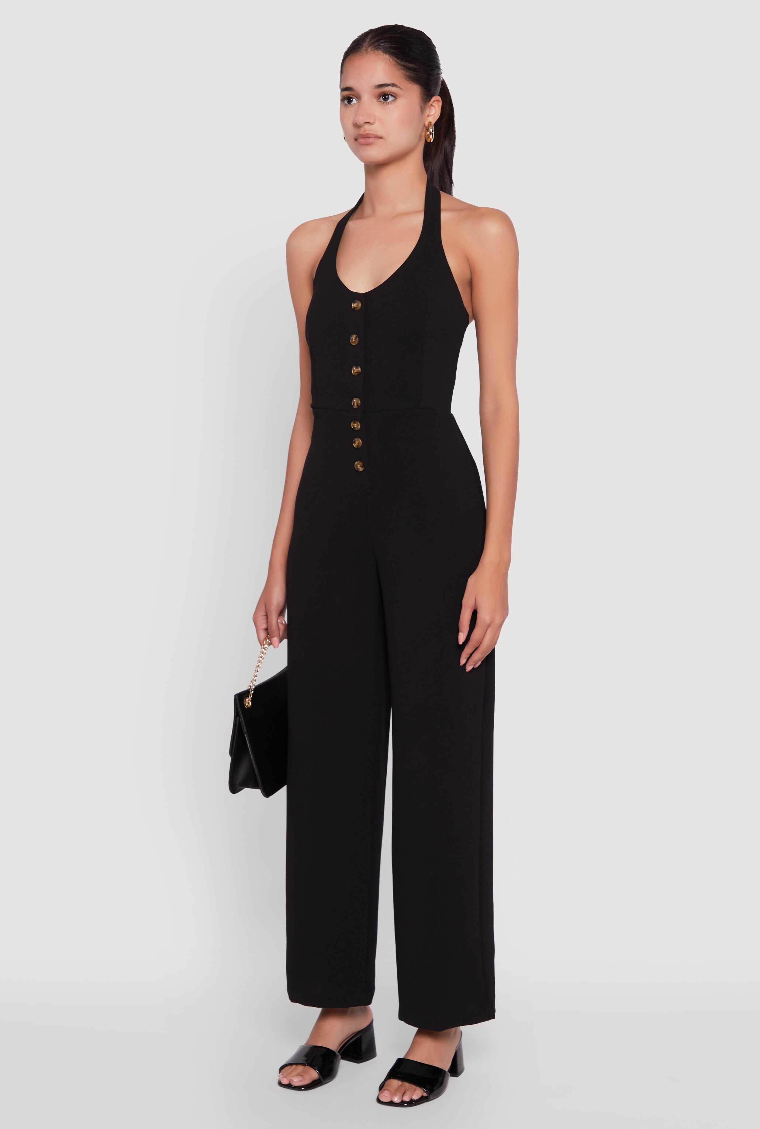 Crepe Knit Button Front Halter Jumpsuit