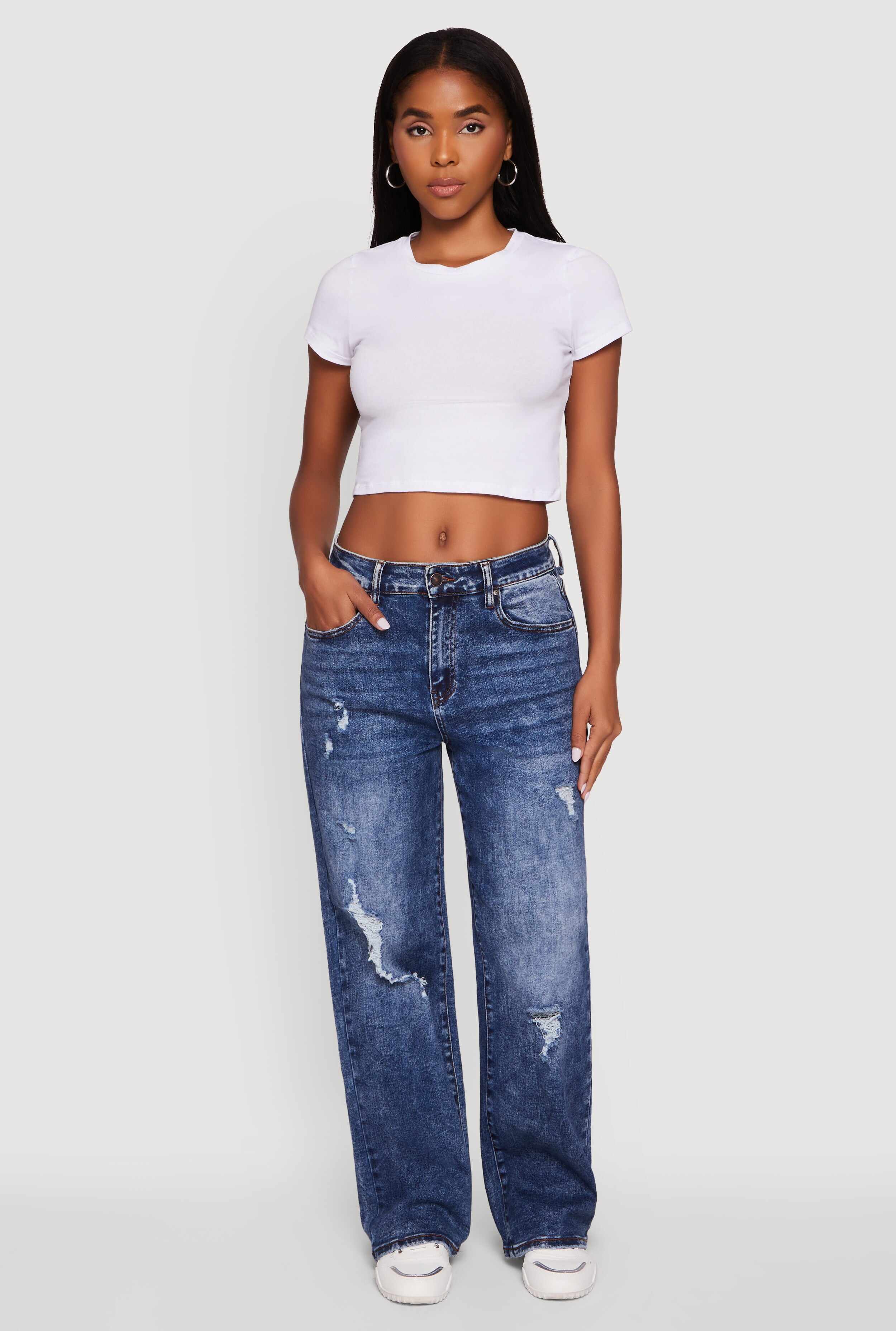 Mineral Wash Whiskered Distressed Straight Leg Jeans