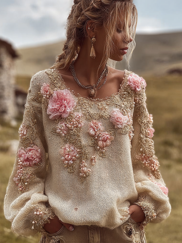 Bohemian Style Round Neck Long Sleeve 3d Floral Design Women's Sweater