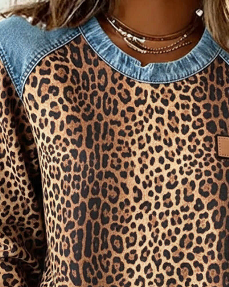 Leopard Print Denim Patchwork Sweatshirt