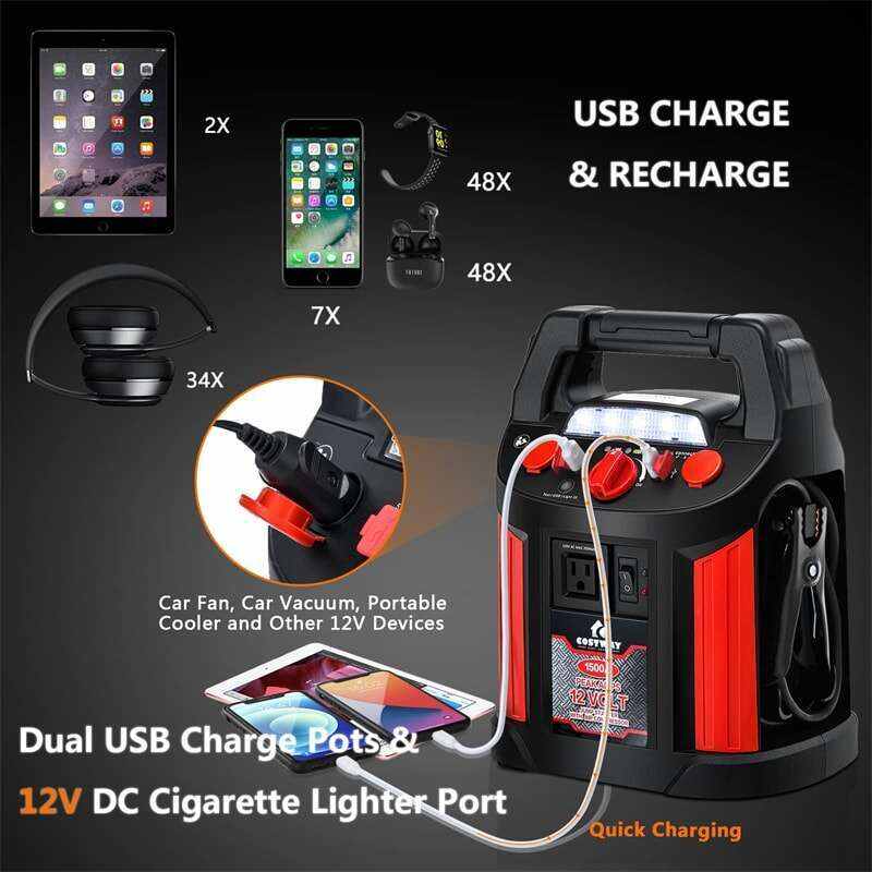 Portable Car Jump Starter 180 PSI Air Compressor Portable Power Bank Charger with LED Flashlight DC Outlet