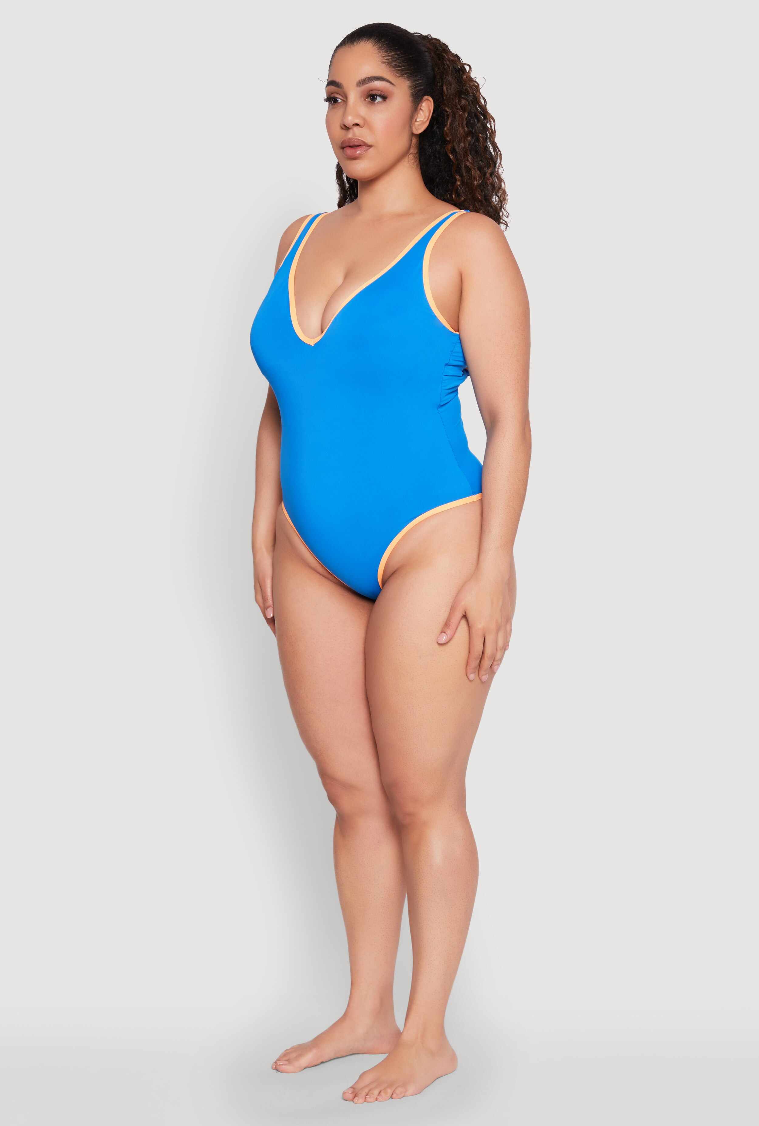 Plus Size Contrast Trim High Cut One Piece Swimsuit