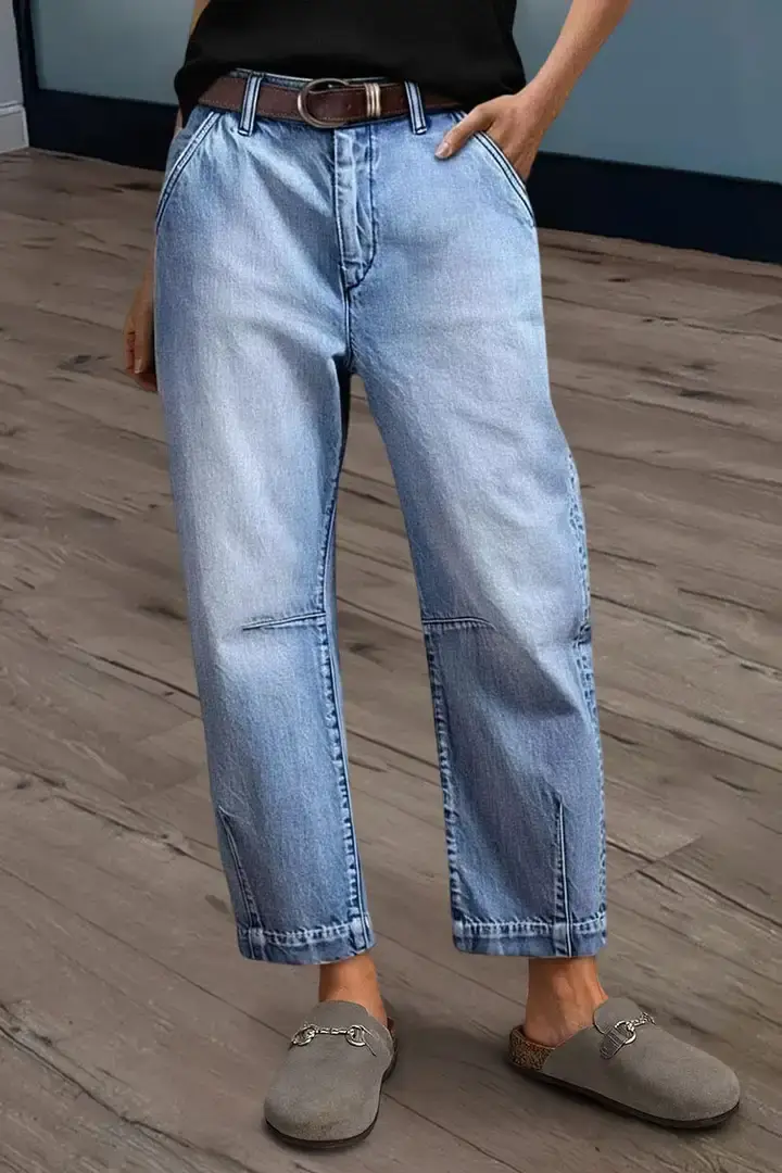 🔥Summer Arrivals🌟Wash Stitch Detail Mid Rise Barrel Leg Crop Jeans Without Belt