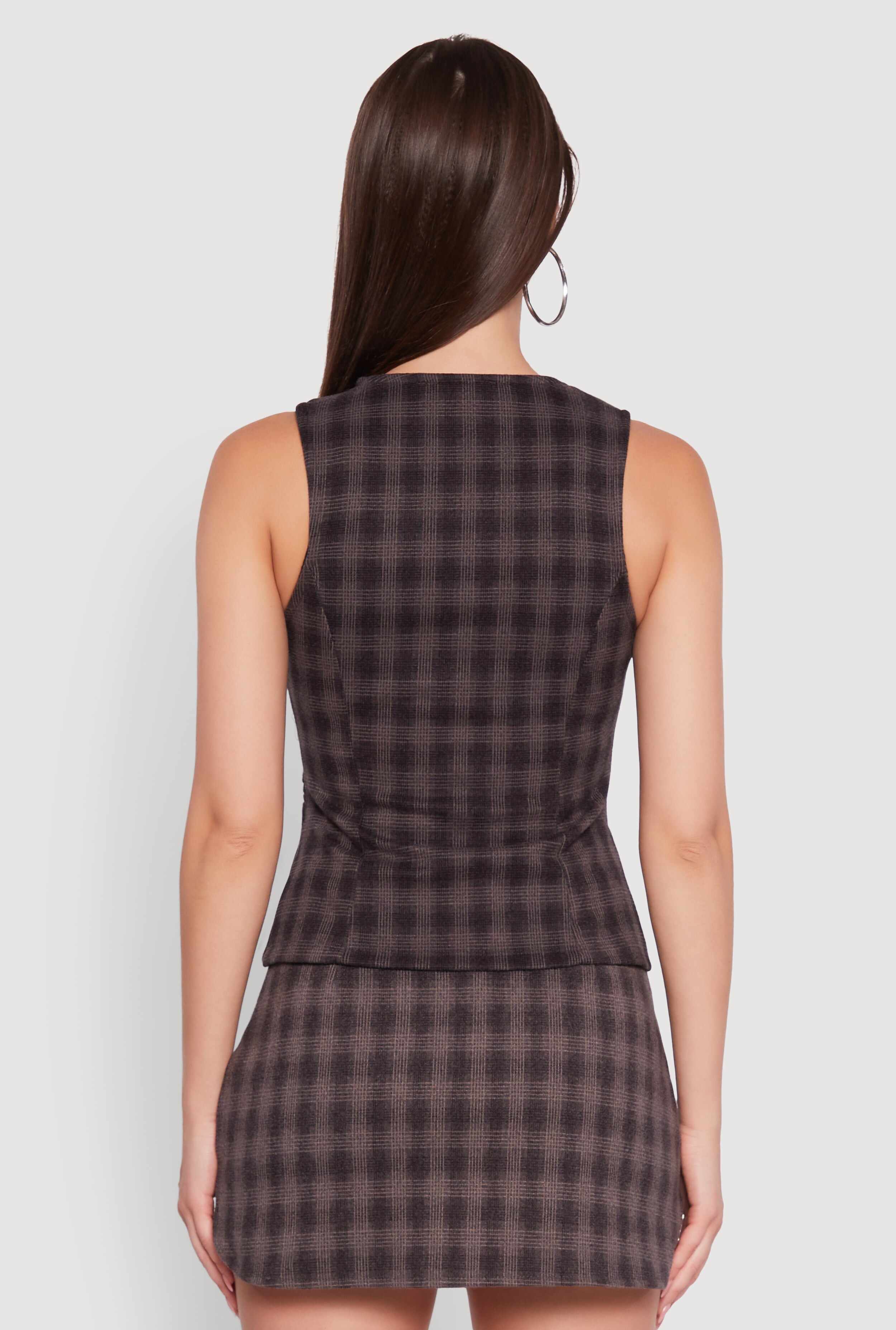 Fleece Plaid Button Front V-Neck Vest