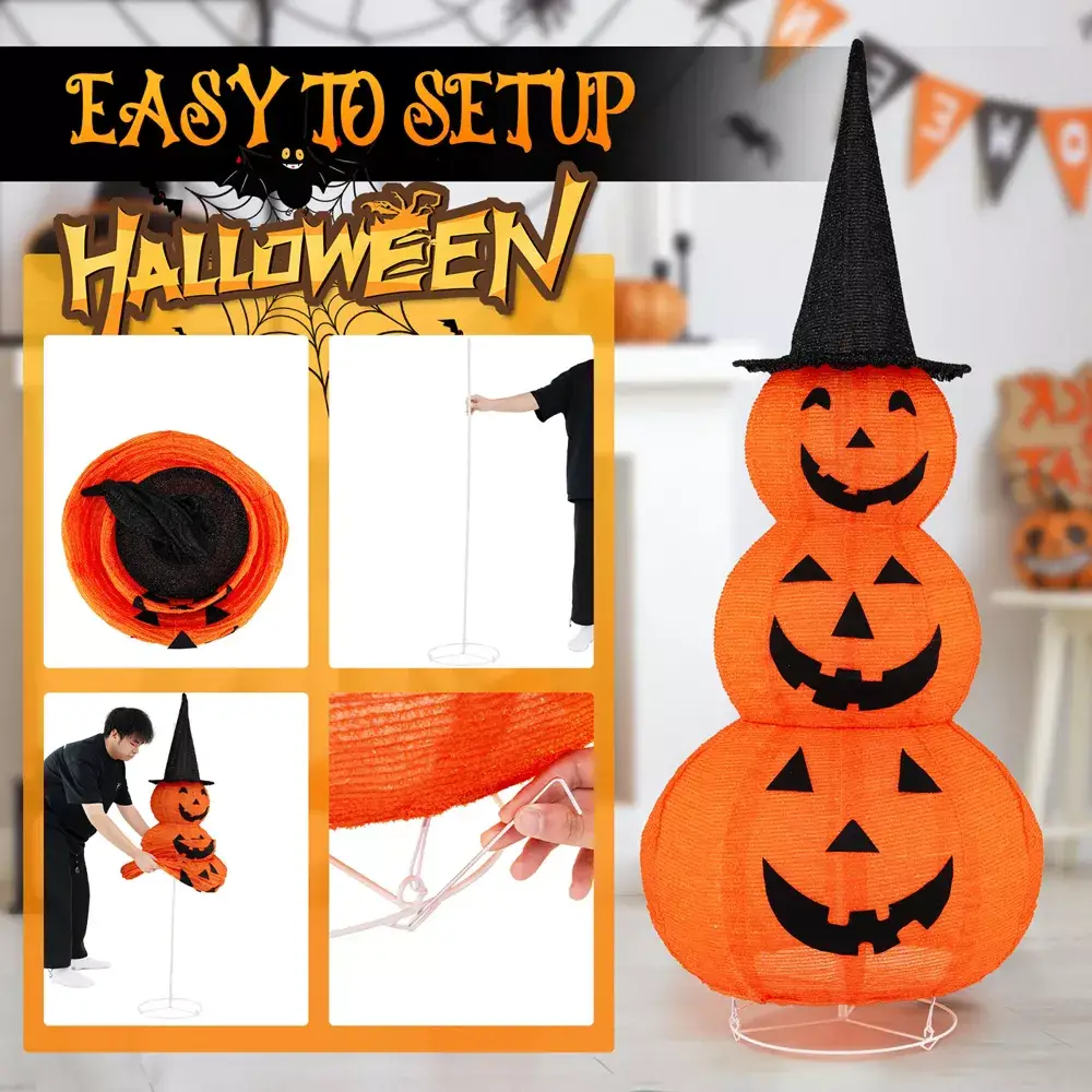 Tangkula Halloween Light Up Pumpkin Decoration Stacked Pumpkins with Witch Hat Build-in LED Lights Pop Up Jack-o-Lantern
