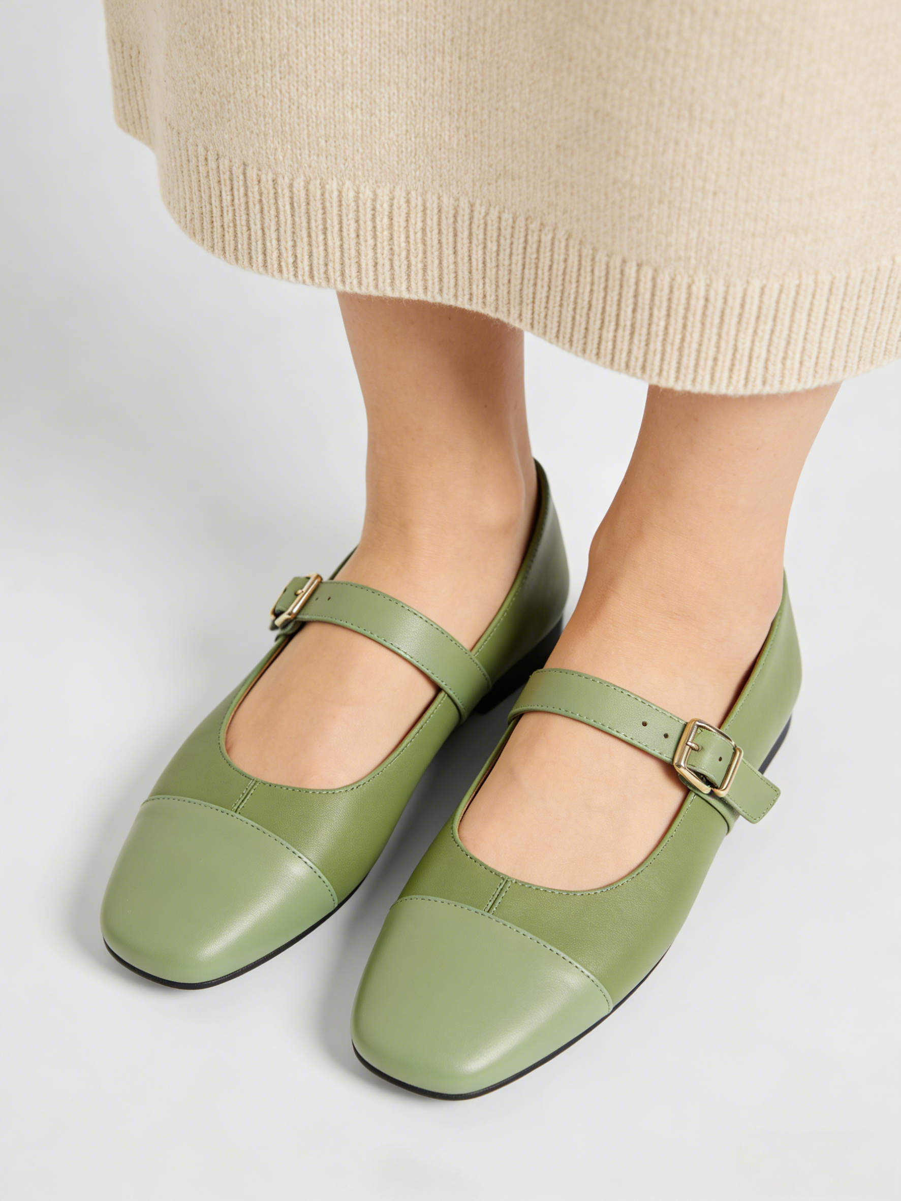 Soft Green Cowhide Leather Splicing Buckle Strap Flats Shoes