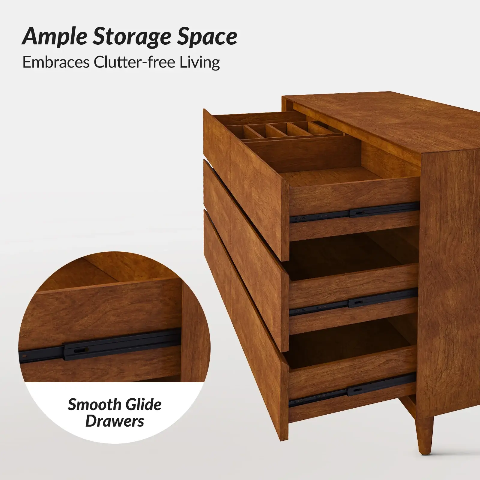 Apollone Mid-Century 6-Drawer Dresser with Solid Wood Legs and Adjustable Feet