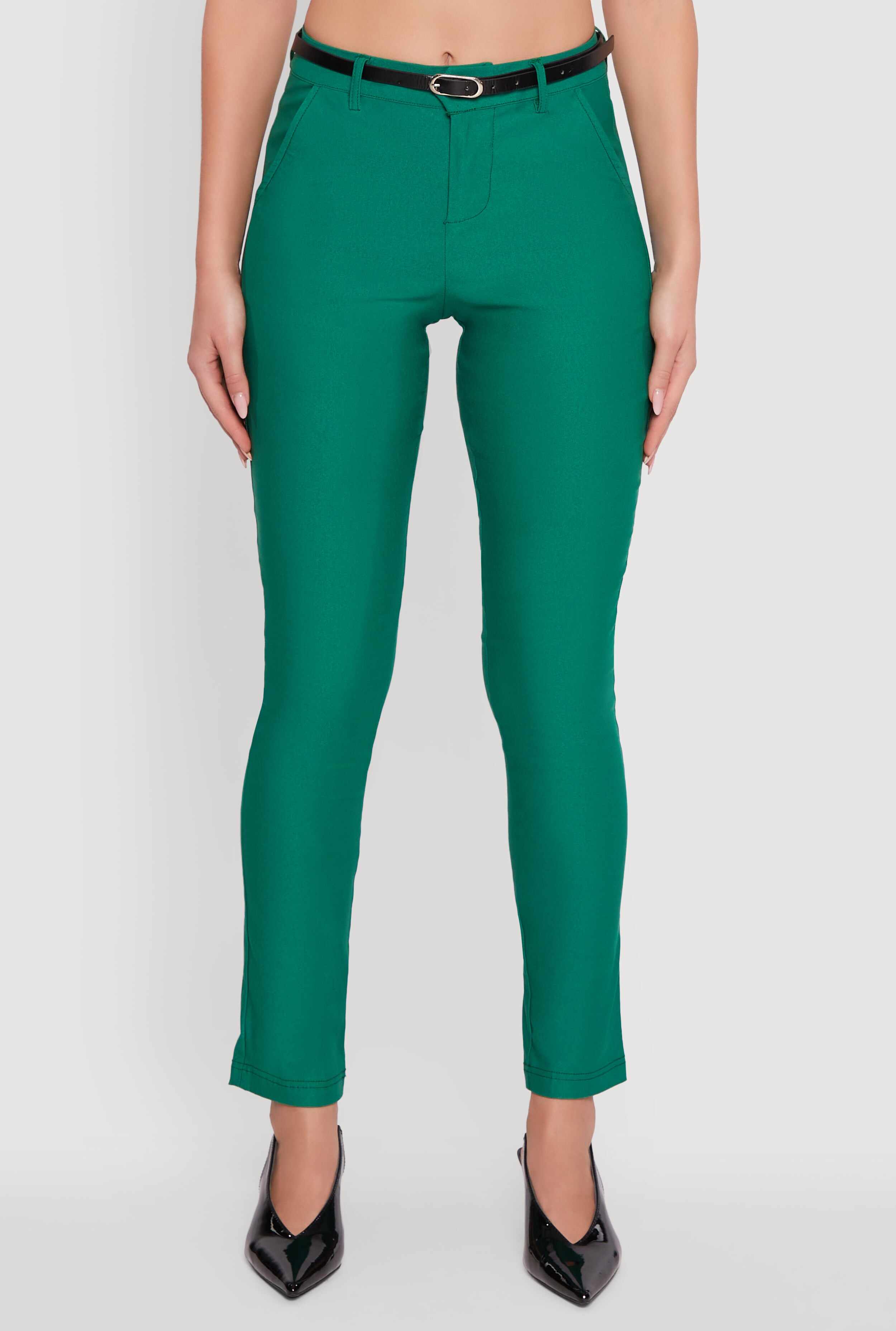 Skinny Leg Solid Pants with Belt