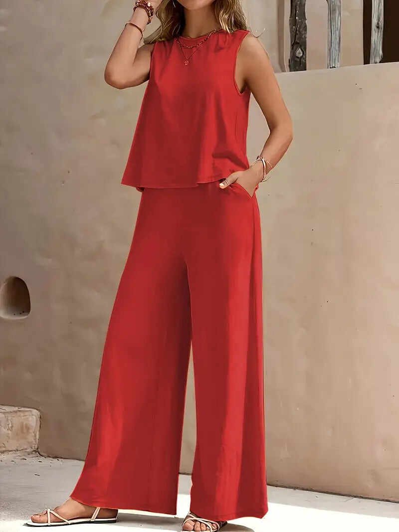 🔥Summer Arrivals🌟Women's Casual Crew Neck Top And Wide-leg Pants Set