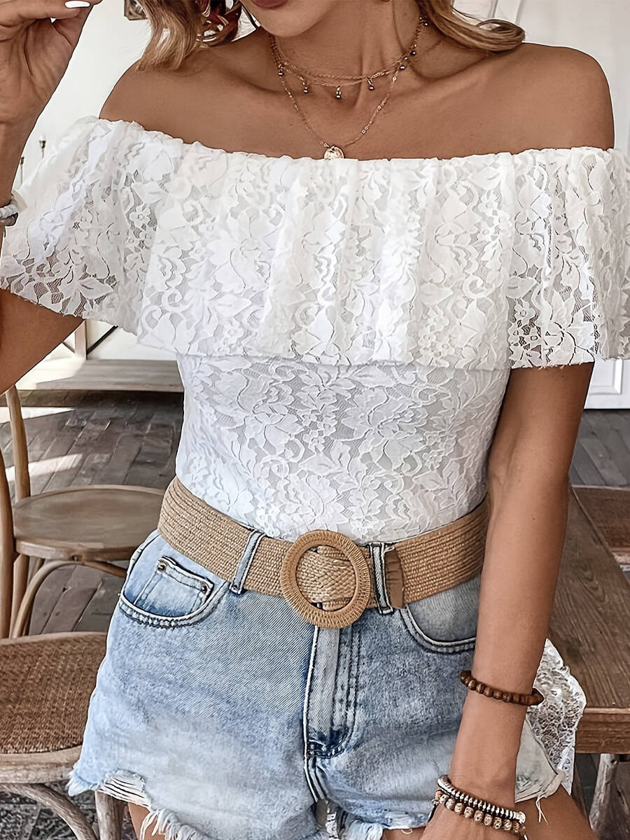 🔥Summer Arrivals🌟Women's Off-shoulder Ruffled Lace Short-sleeved Top