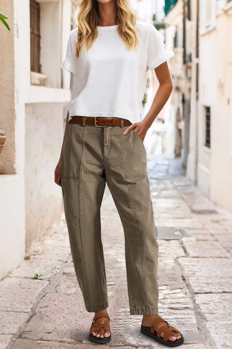 🔥 Last Day For Clearance！ !10 packs only $32!Solid Stitch Detail Mid Waist Barrel Leg Pants Without Belt