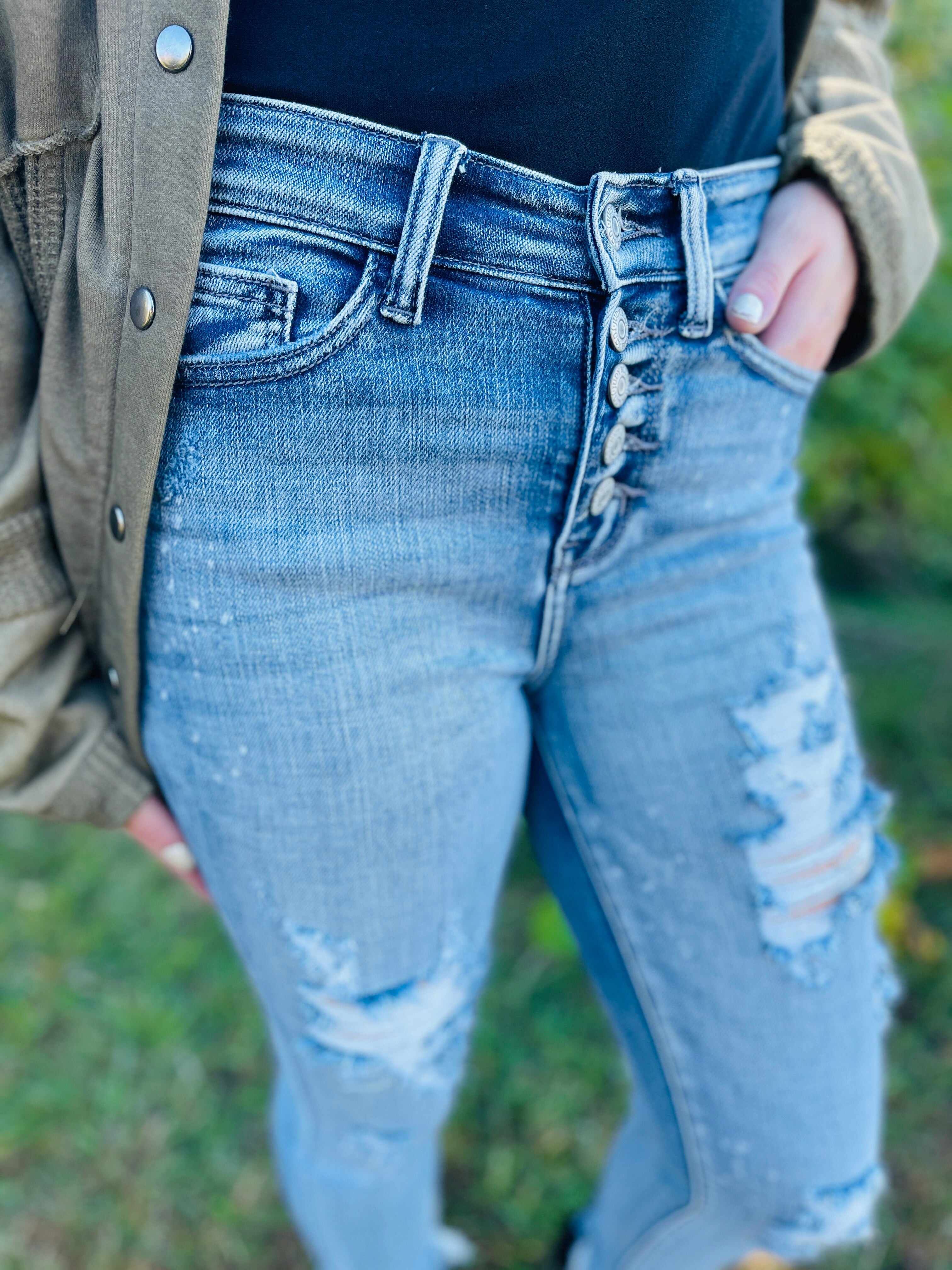 RESTOCK PLUS/REG Not A Basic Bleach Splatter Button Fly Skinny Jeans
