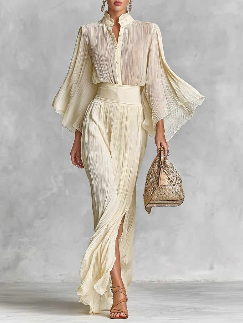 Pleated Stand Collar Trumpet Sleeve Shirt Slit Floor Length Skirt Two-piece Set
