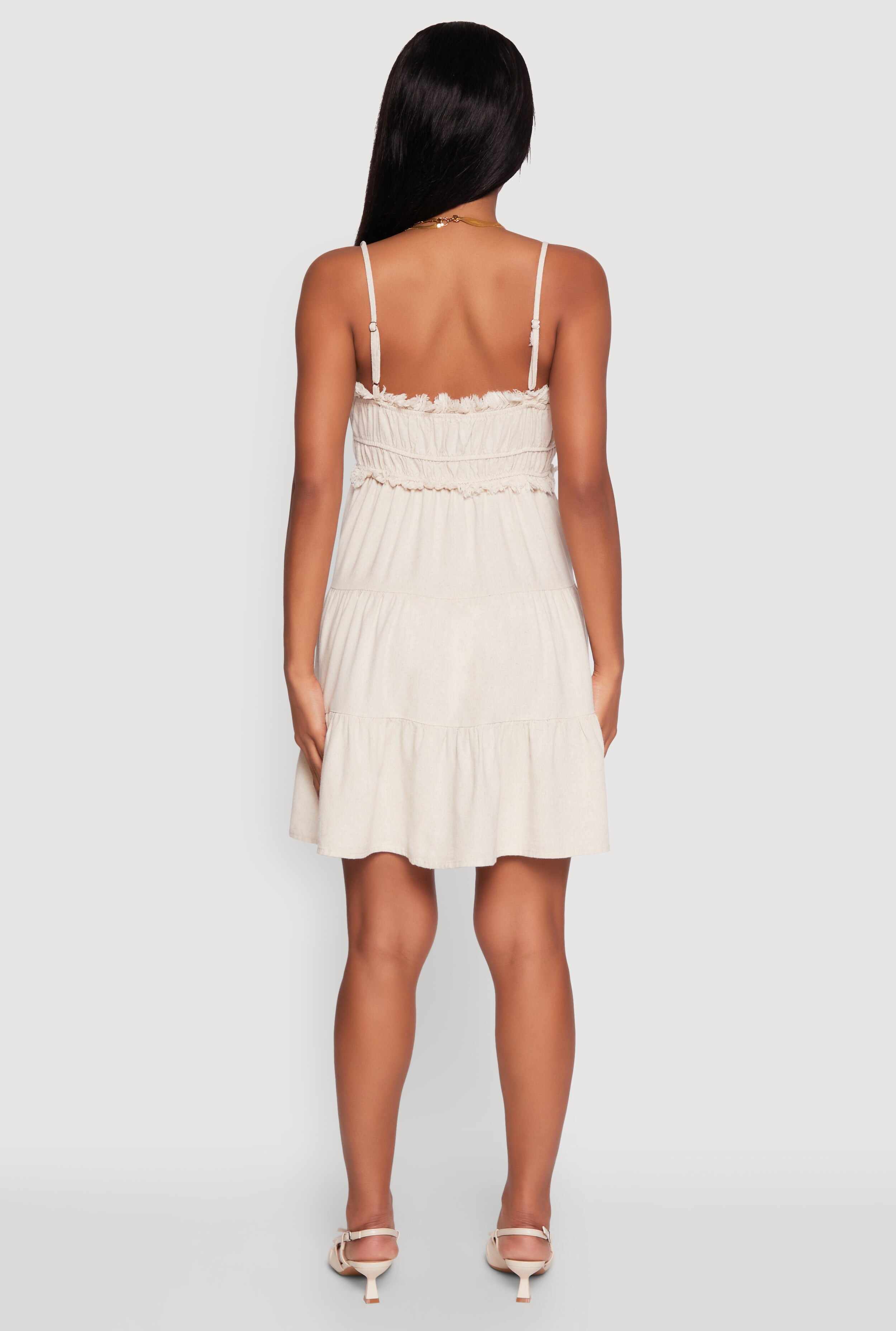 Haute Monde Linen Sleeveless Tiered Dress with Frayed Detail