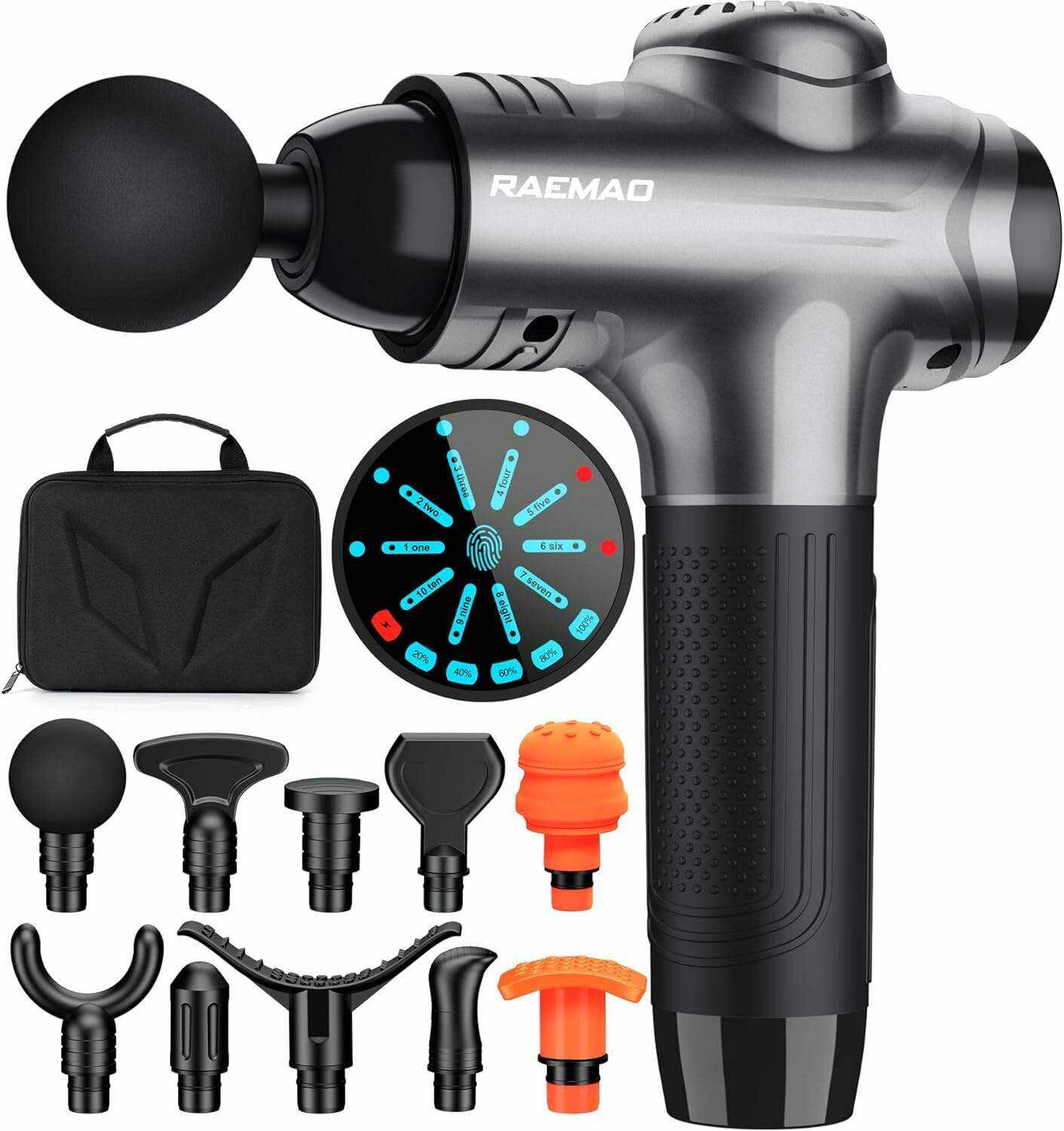 RAEMAO Massage Gun Deep Tissue, Back Massage Gun for Athletes for Pain Relief Attaching 8 PCS Specialized Replacement Heads, Percussion Massager with 10 Speeds & LED Screen, Carbon