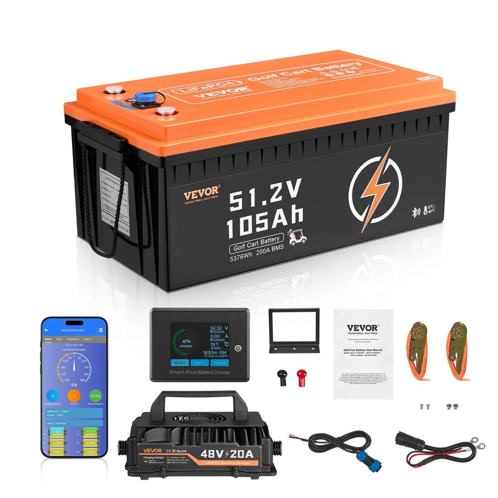 48V（51.2V) 105Ah Golf Cart Lithium Battery,48 Volt Golf Cart Battery with 200A BMS, LCD Monitor and Mobile APP, LiFePO4 Battery with 600A Peak Current, 20A Charger and 4000+ Cycles, for Golf Carts