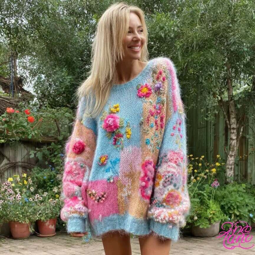 Women's Floral Embroidery Patchwork Art Pullover Cozy Knit Sweater