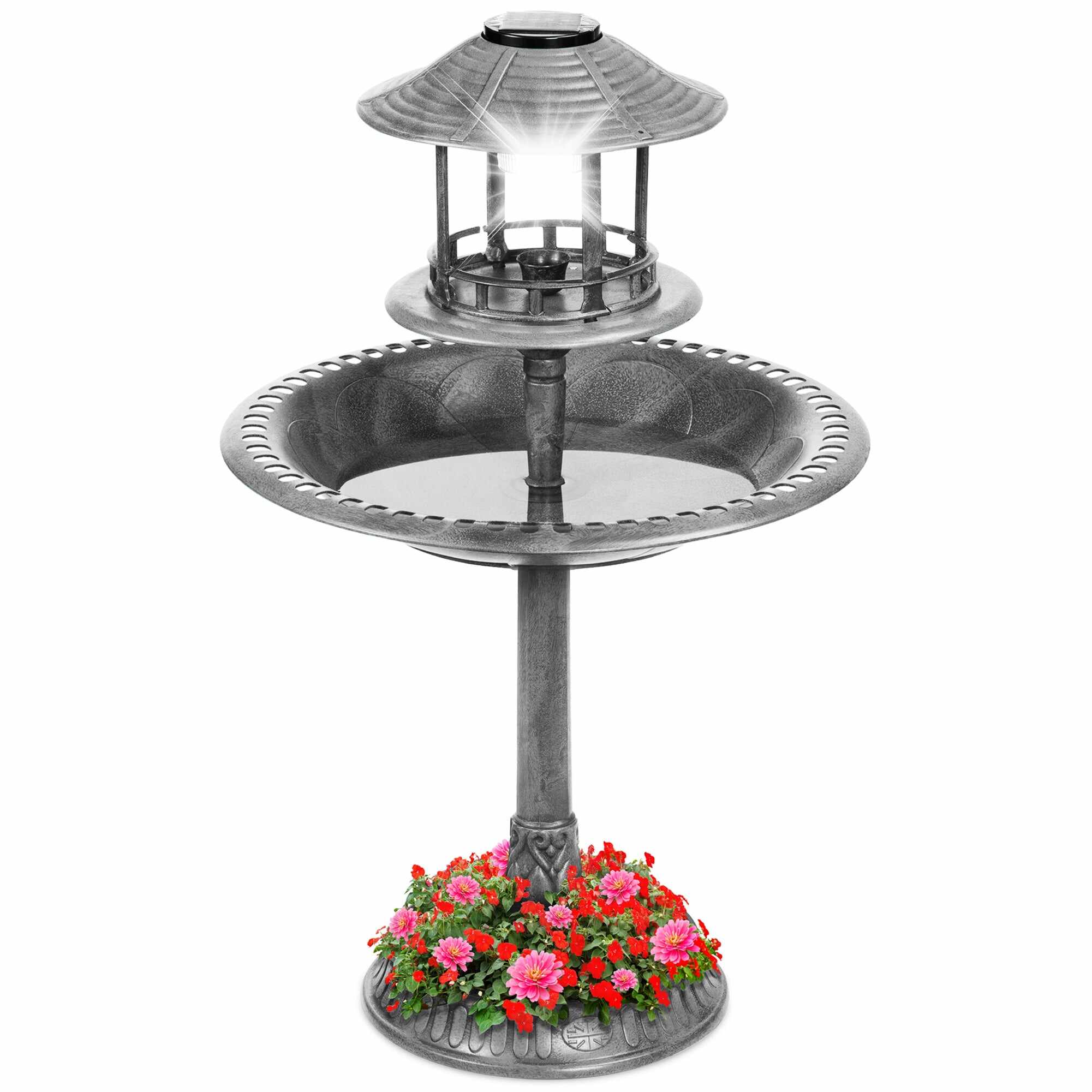 Solar Lighted Outdoor Pedestal Bird Bath w/ Planter, Decorative Bird Cage