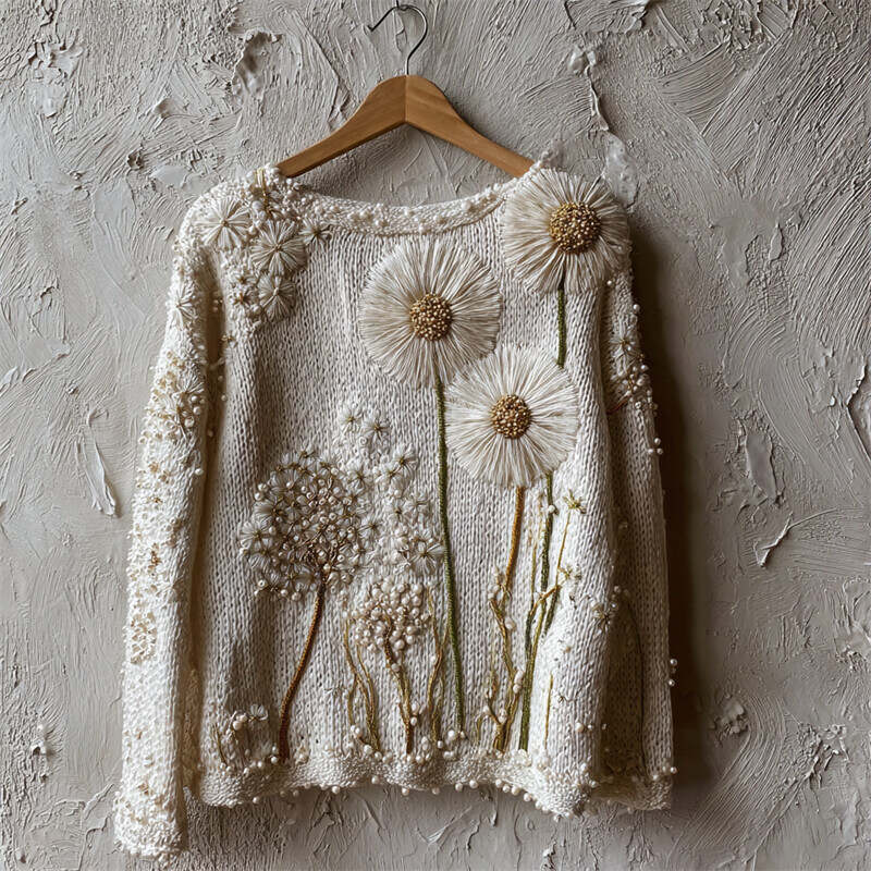 Vintage Forest Dandelion Beaded Embroidered Cozy Knit Sweater