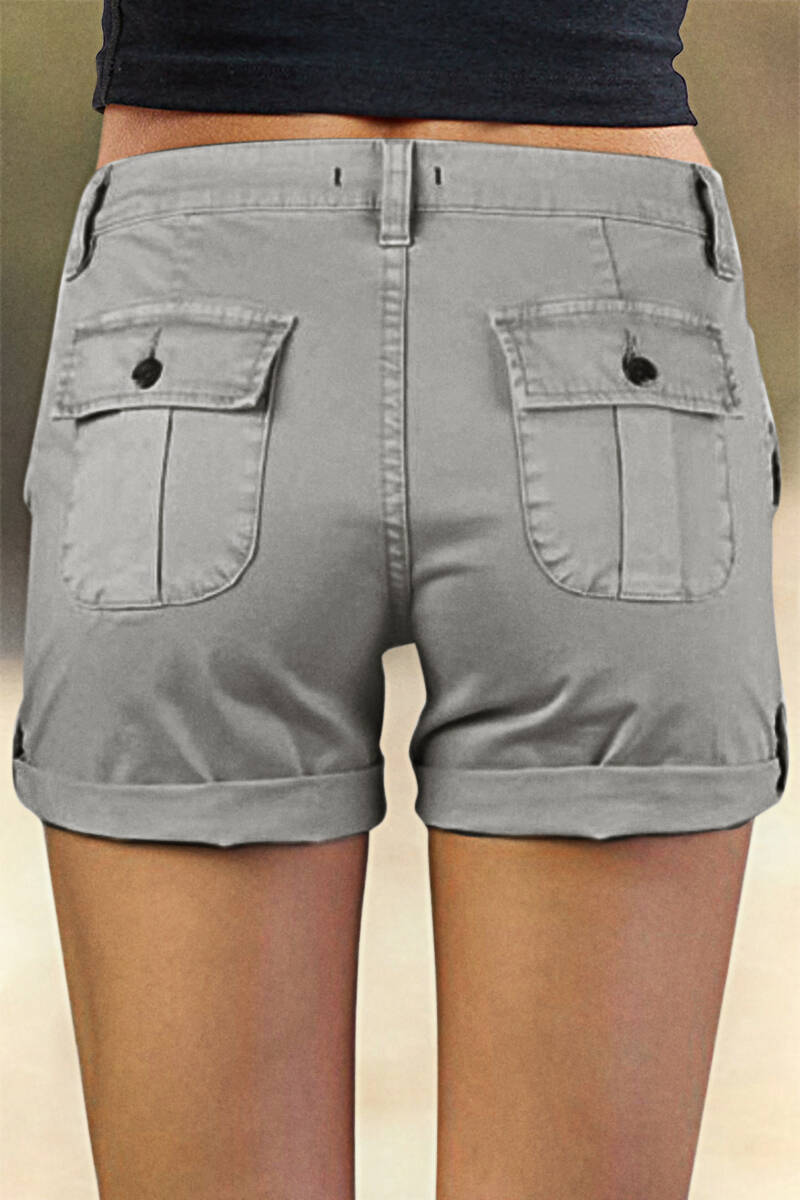 Flap Pocket Roll Tab Hem Mid Waist Shorts
