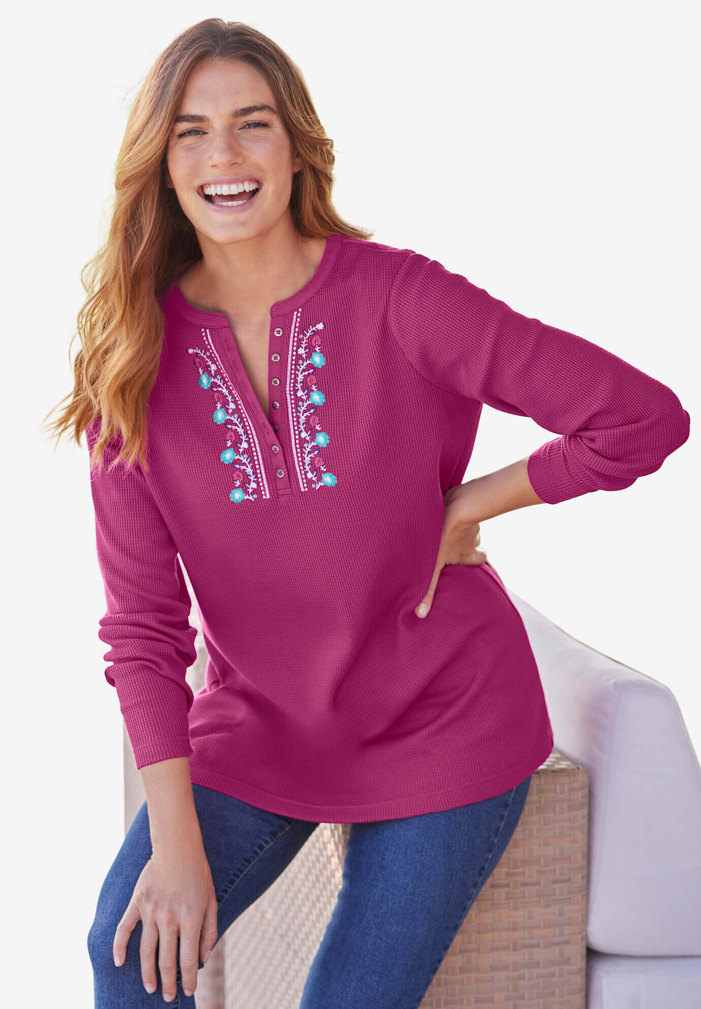 Embroidered Thermal Henley Tee