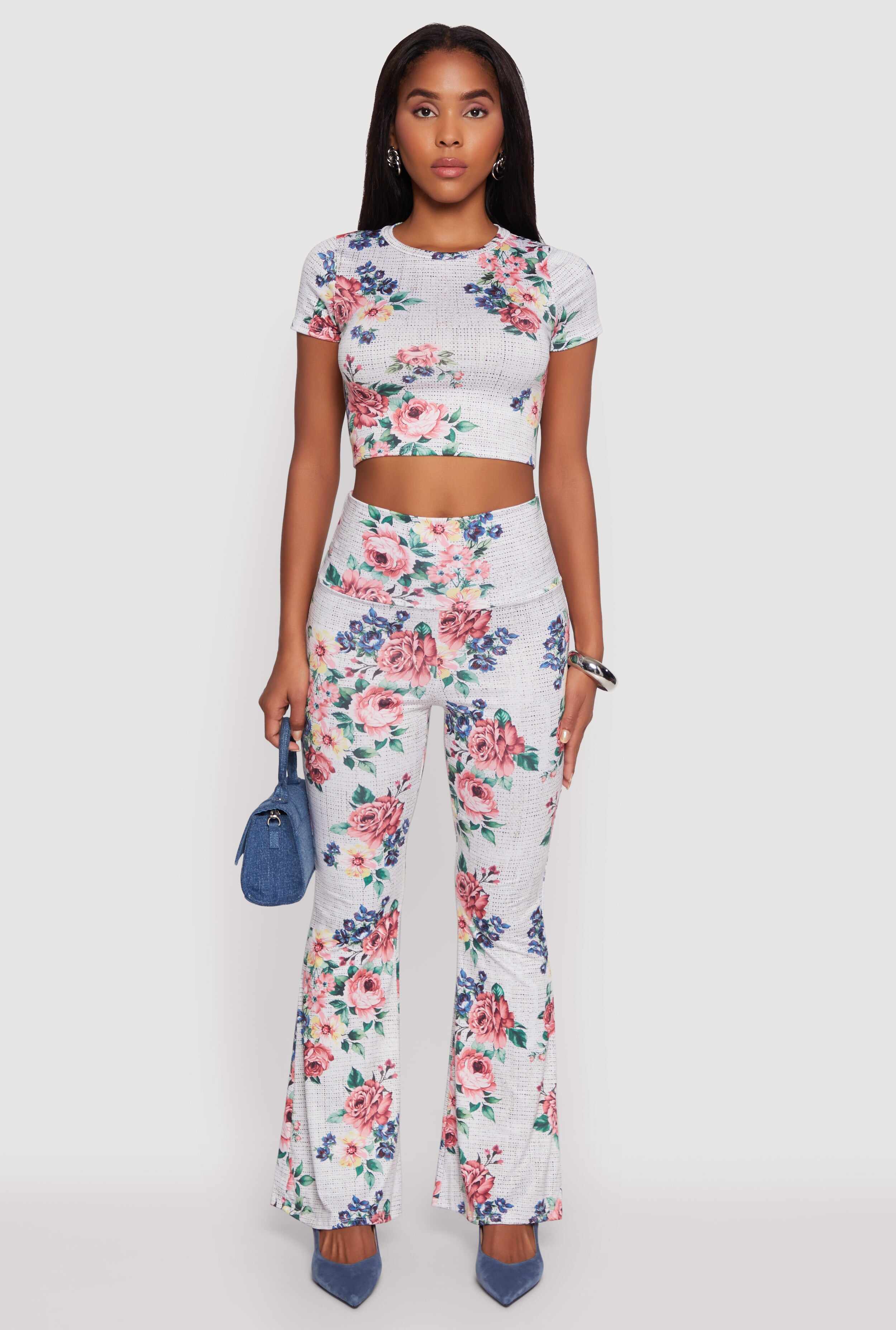 Floral Print High Waisted Flare-Leg Pants