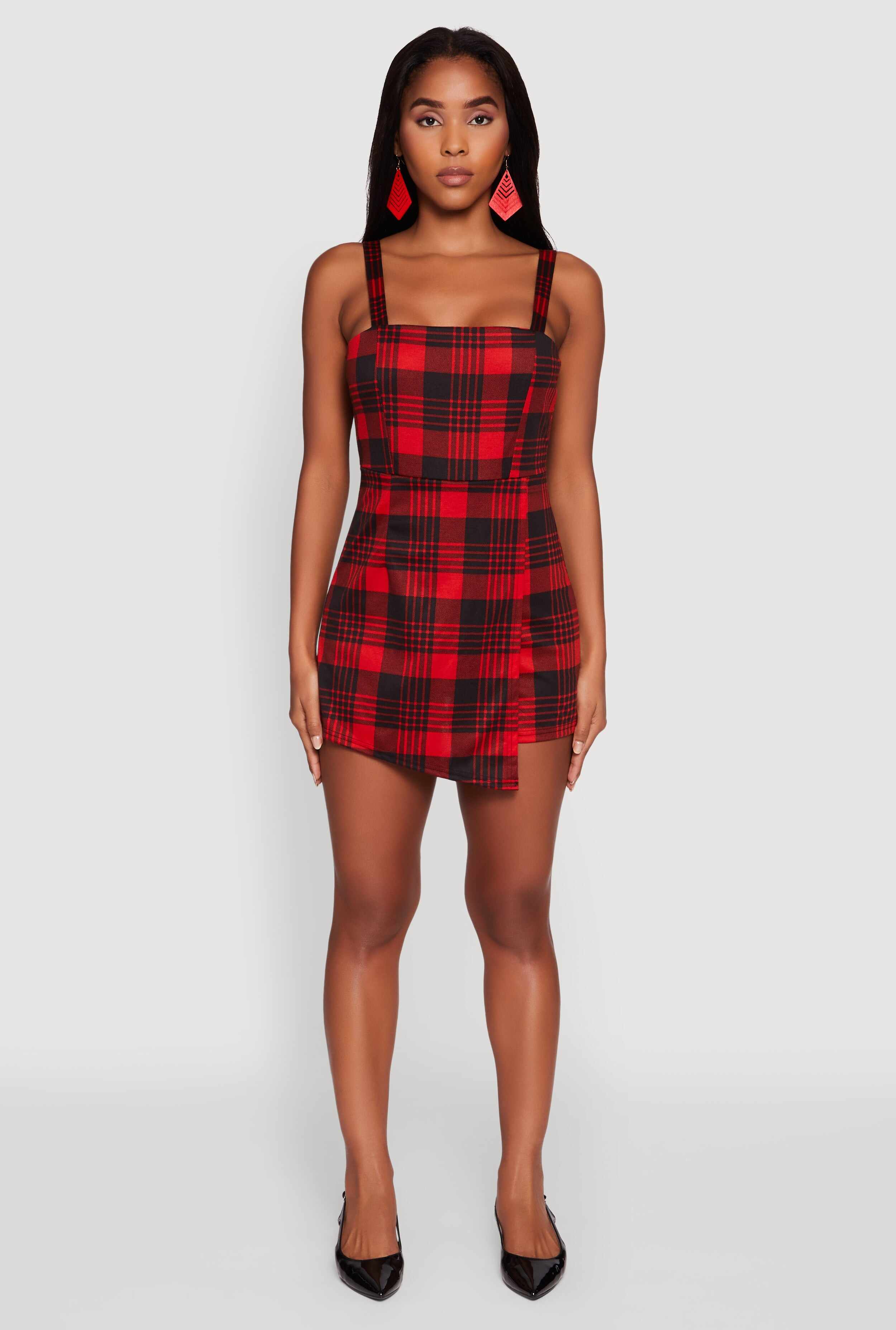 Trendy Plaid Ponte Sleeveless Romper with Zip Back