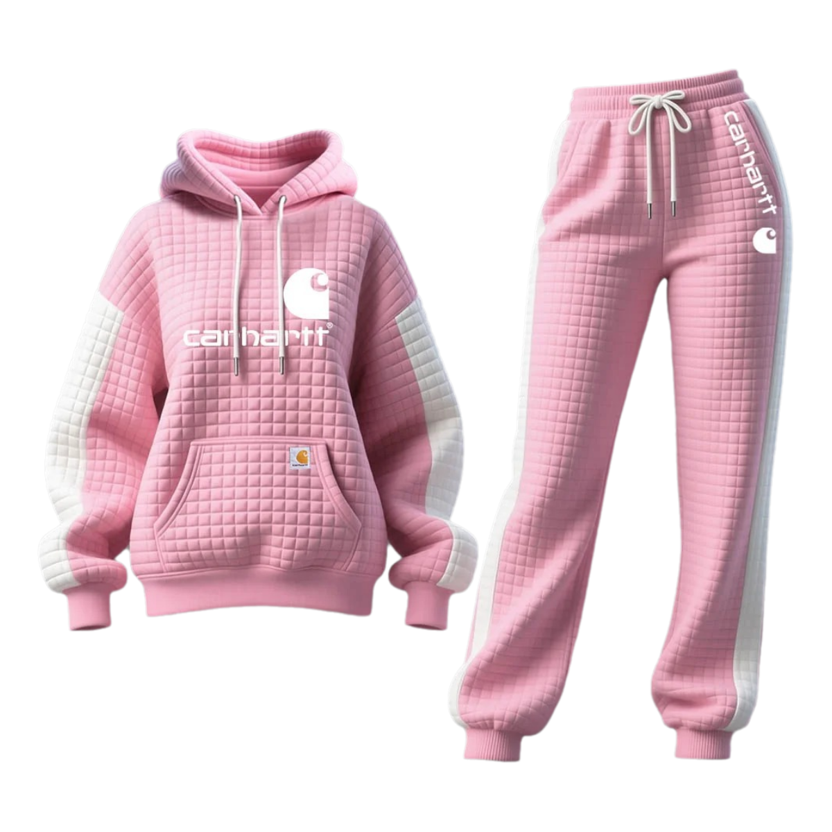 Pink Quilted Hoodie and Jogger Set for Winter Outdoors-Pink