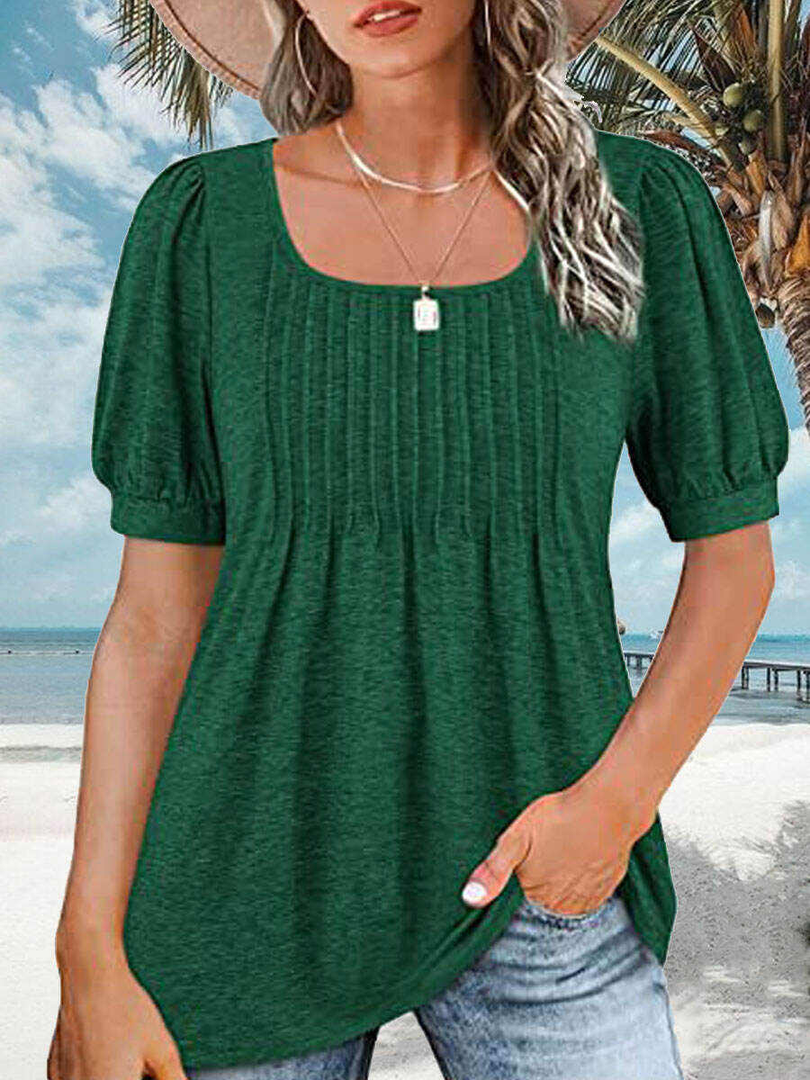 Square Neck Casual Loose Solid Color Short Sleeve T-Shirt