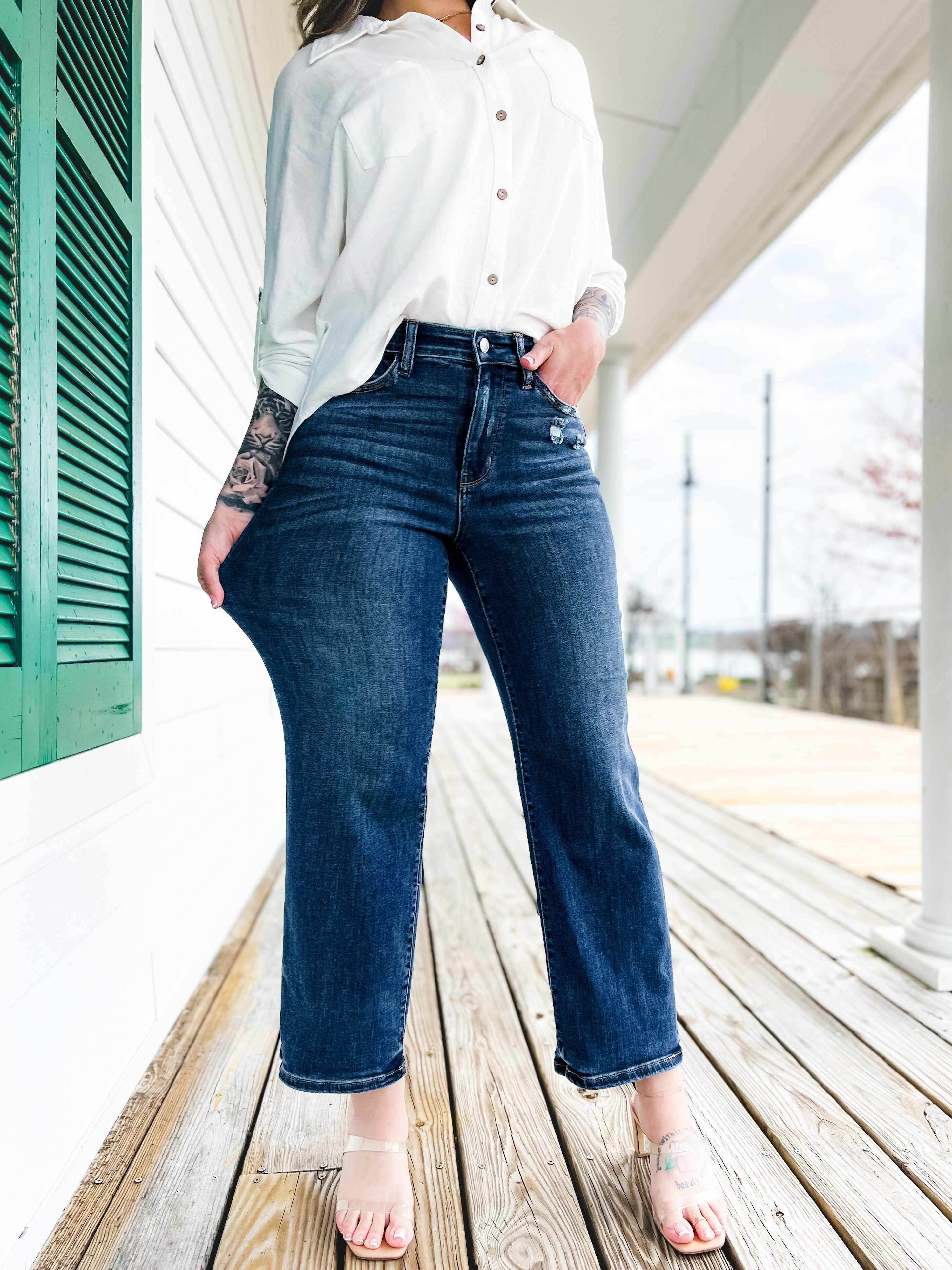 True Obsession Dark Wash Destroyed Pocket Wide Leg Jeans