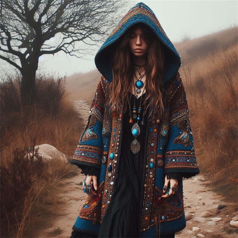 Vintage Western Ethnic Aztec Beaded Cozy Hooded Cardigan