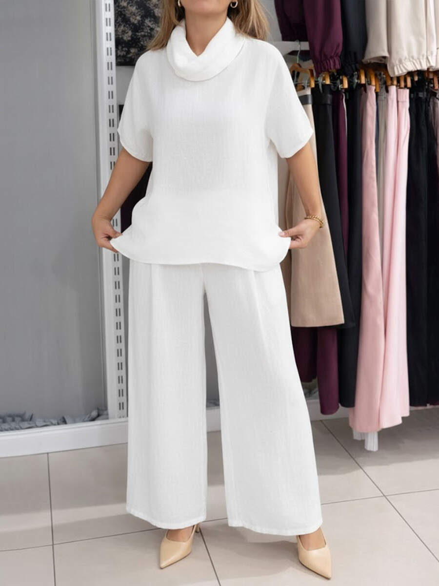 🔥Summer Arrivals🌟Women's Solid Color Stand-up Collar Short-sleeved Casual Loose Cotton Linen Top And High-waisted Casual Loose Cotton Linen Wide-