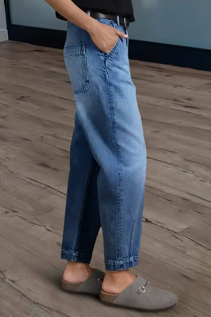 🔥Summer Arrivals🌟Wash Stitch Detail Mid Rise Barrel Leg Crop Jeans Without Belt