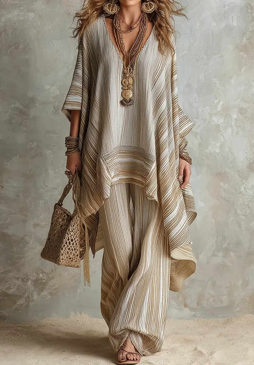 Women's Chic Striped Casual Stylish Cotton Linen Top & Pants Set