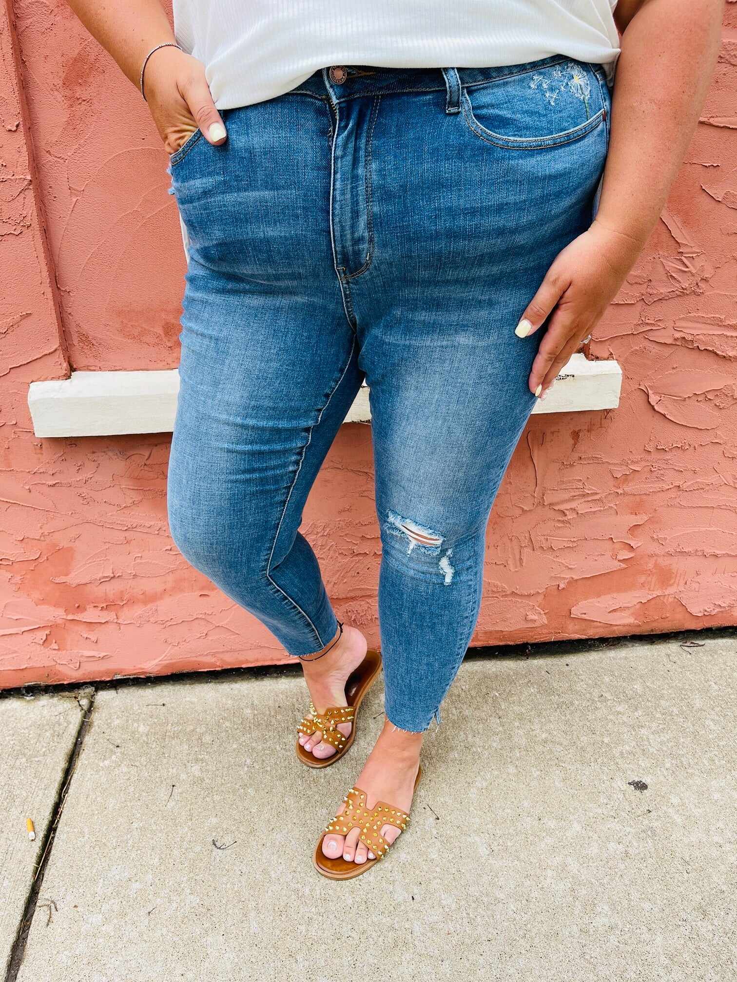 PLUS/REG Dancing In The Wind Dandelion Embroidered Skinny Jeans