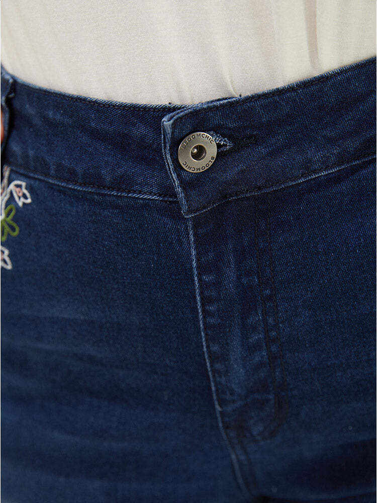 Straight Very Stretchy High Rise Dark Wash Embroidered Trim Jeans