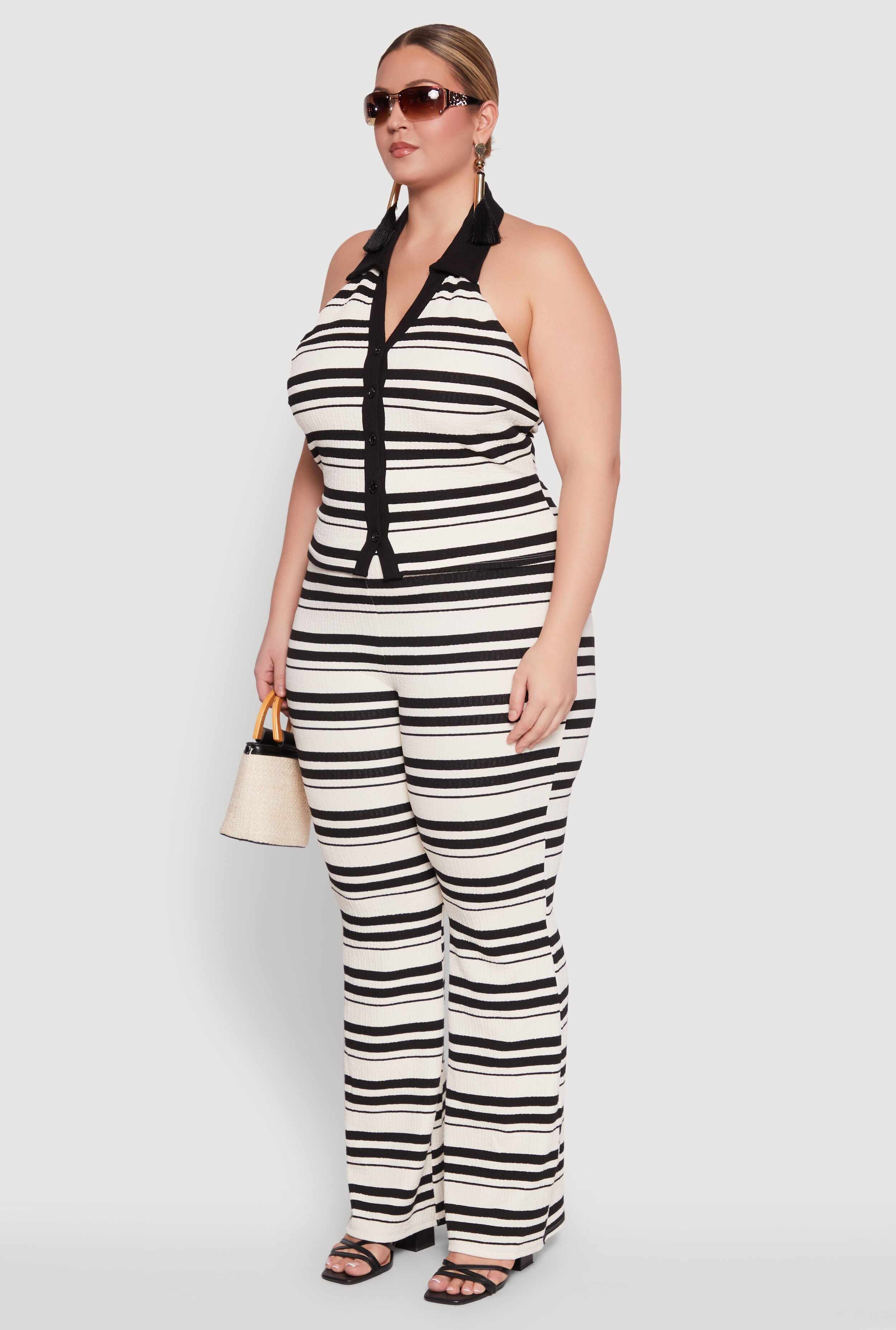 Plus Size Striped Sleeveless Blouse with Halter Neck and Contrast Trim