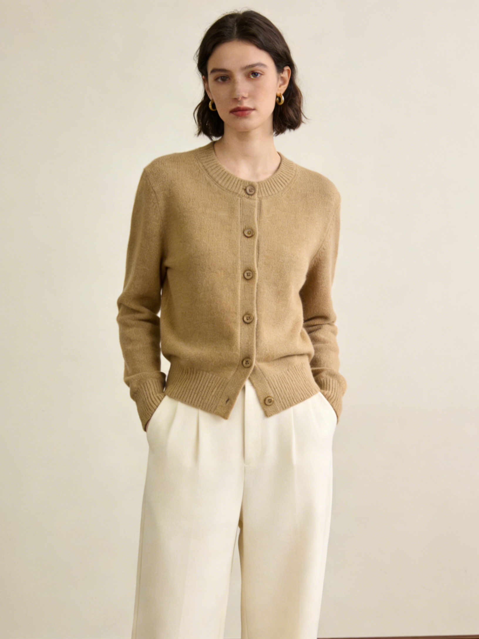 French Khaki Peter Pan Collar Button Patchwork Knit Coats Fall